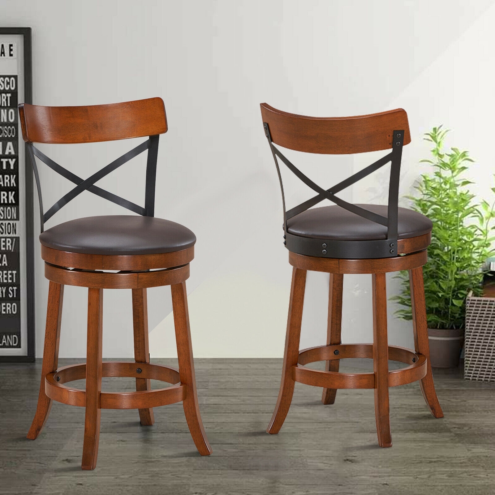 Two bar stools shown from the back and side in a home setting.
