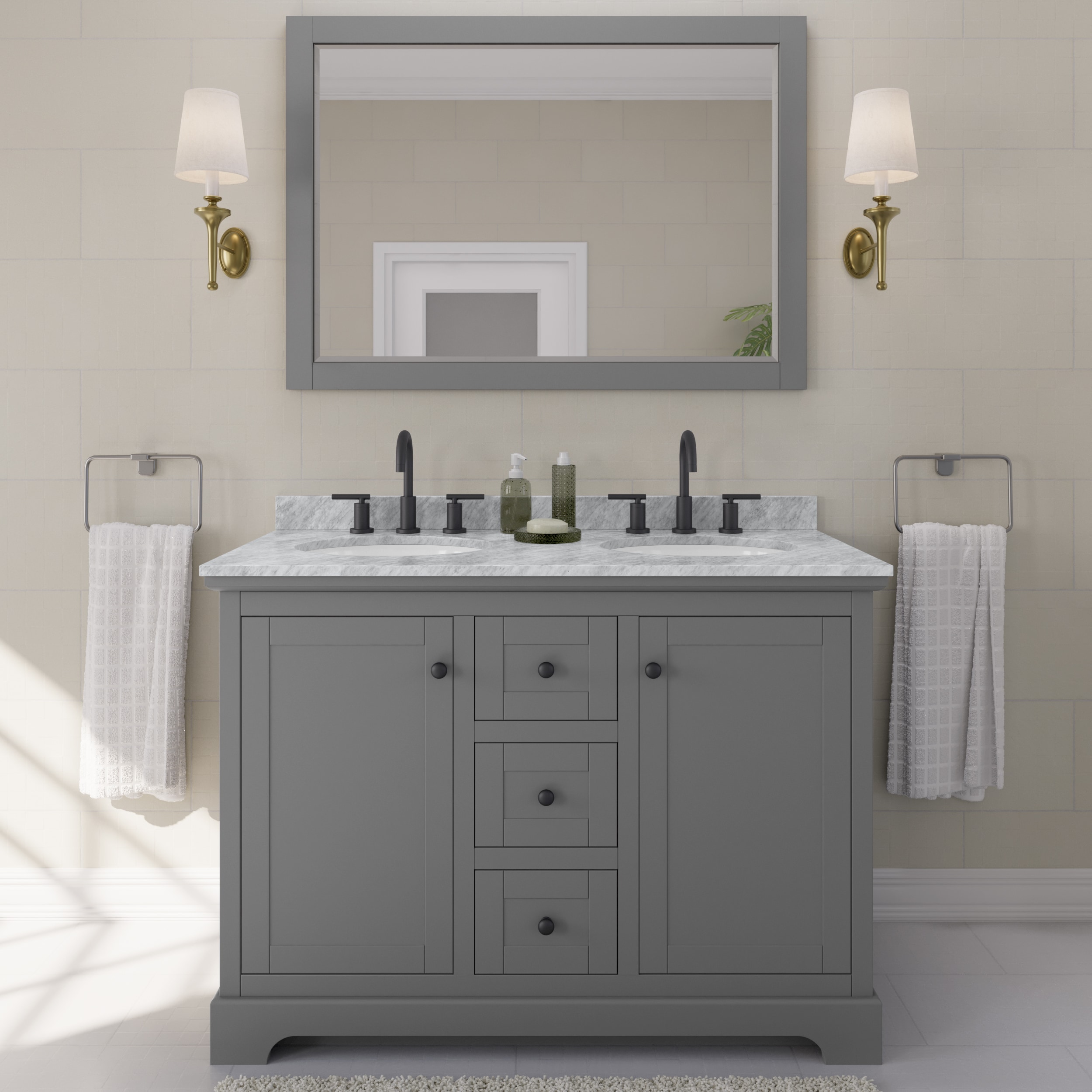 Wyndham Collection Avery 48-in Dark Gray with Matte Black Trim Undermount Double Sink Bathroom Vanity with White Carrara Marble Natural Marble Top