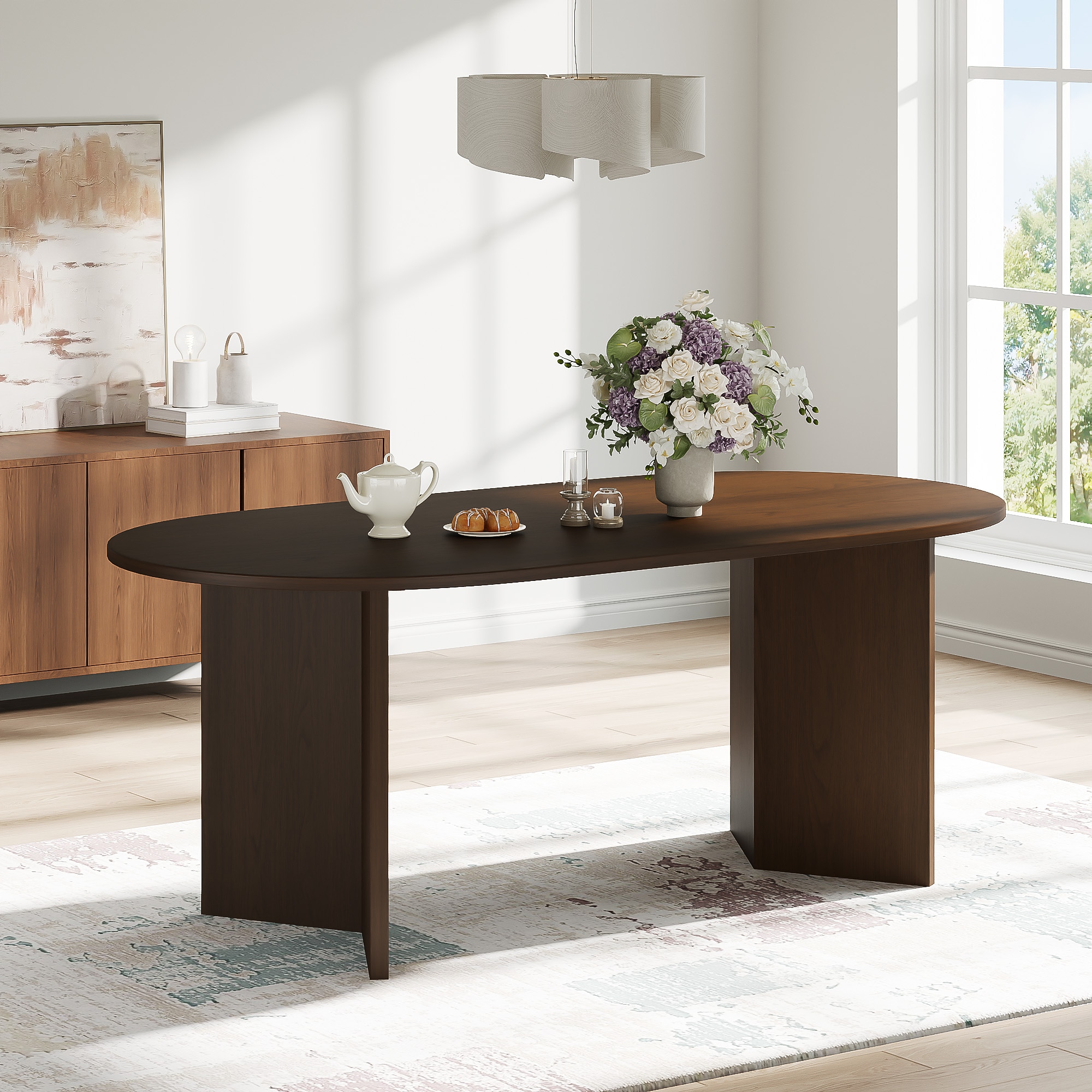 Dovelina - Solid Wood Oval Dining Table Kitchen Table with Double Pedestal for 6 People