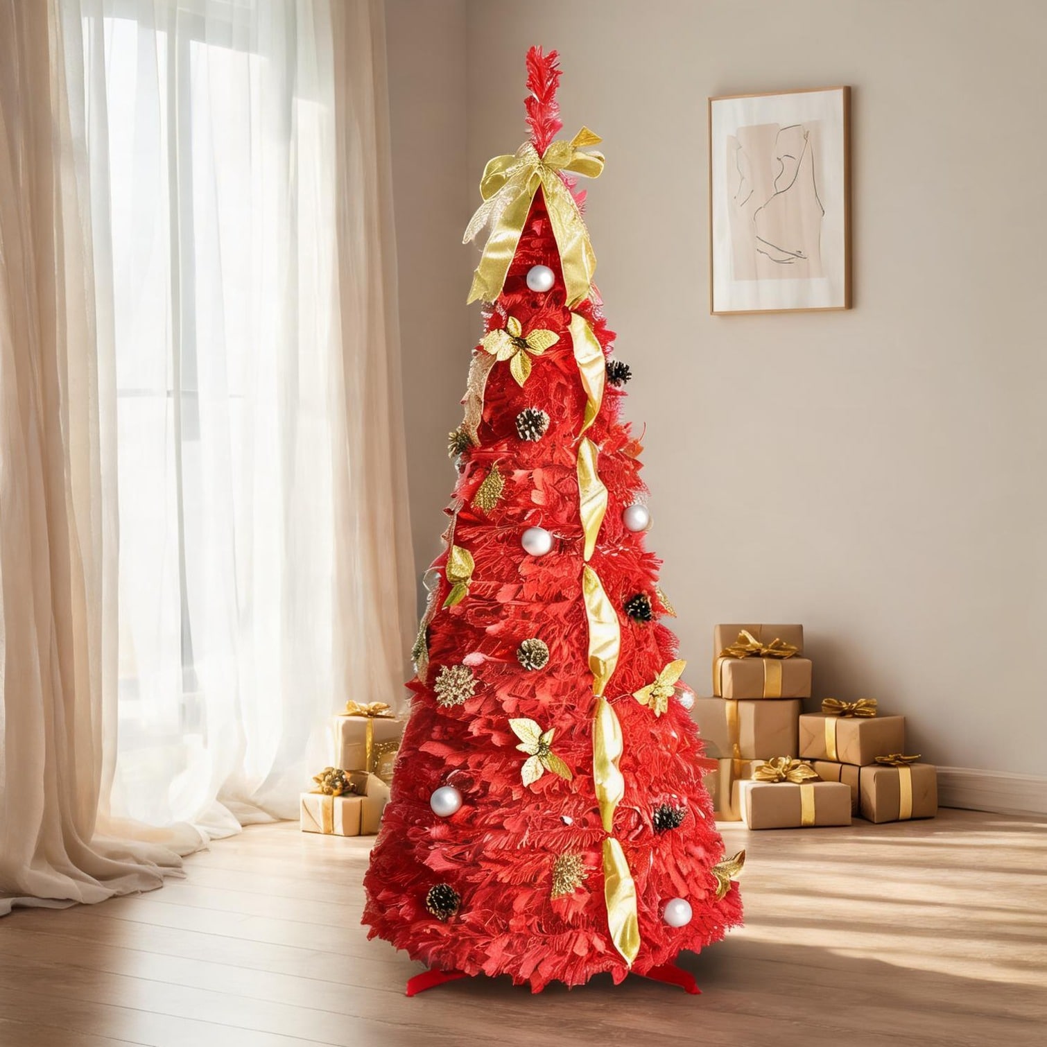 Naturefalls Pre-Lit Artificial Spruce Christmas Tree with Red Accents and 150 Multicolor Incandescent Lights 6 Feet
