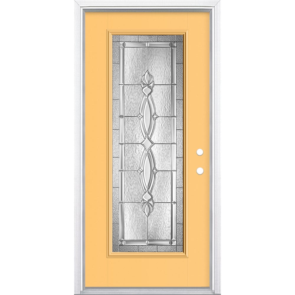 Masonite 3422193 Panama 36-in x 80-in x 4-9/16-in Fiberglass Full lite Left-hand inswing Cabana Yellow Painted Prehung Front Door with Brickmould Insulating core