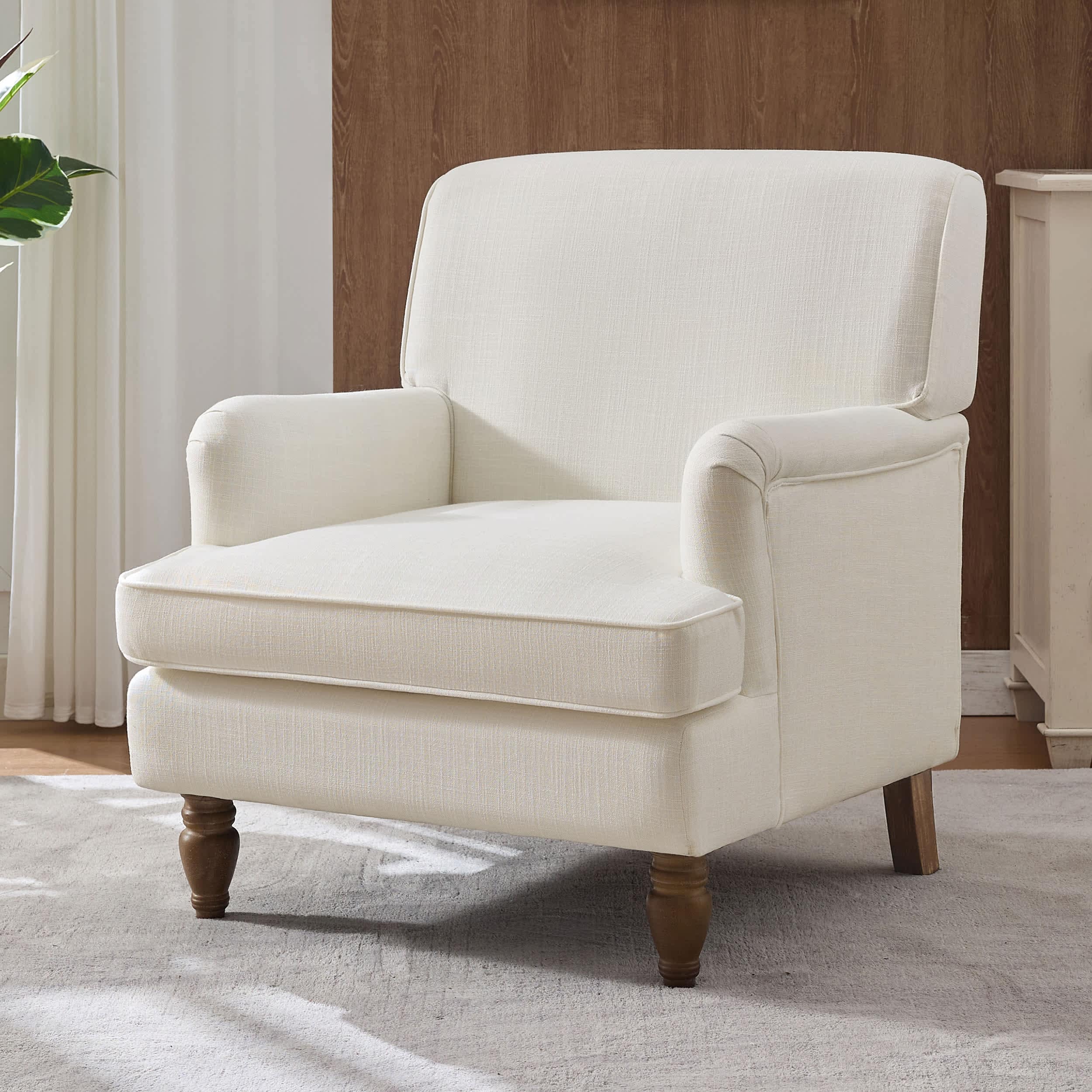 Aoibox  vintage upholstered linen armchair cream with antique solid wood legs supportive cushioning rolled arms for livin