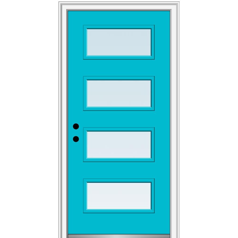 MMI DOOR ZZ348237R Spotlights 32-in x 80-in x 6-9/16-in Fiberglass Pulse lite Right-hand inswing Bahama Blue Painted Prehung Front Door with Brickmould Insulating core