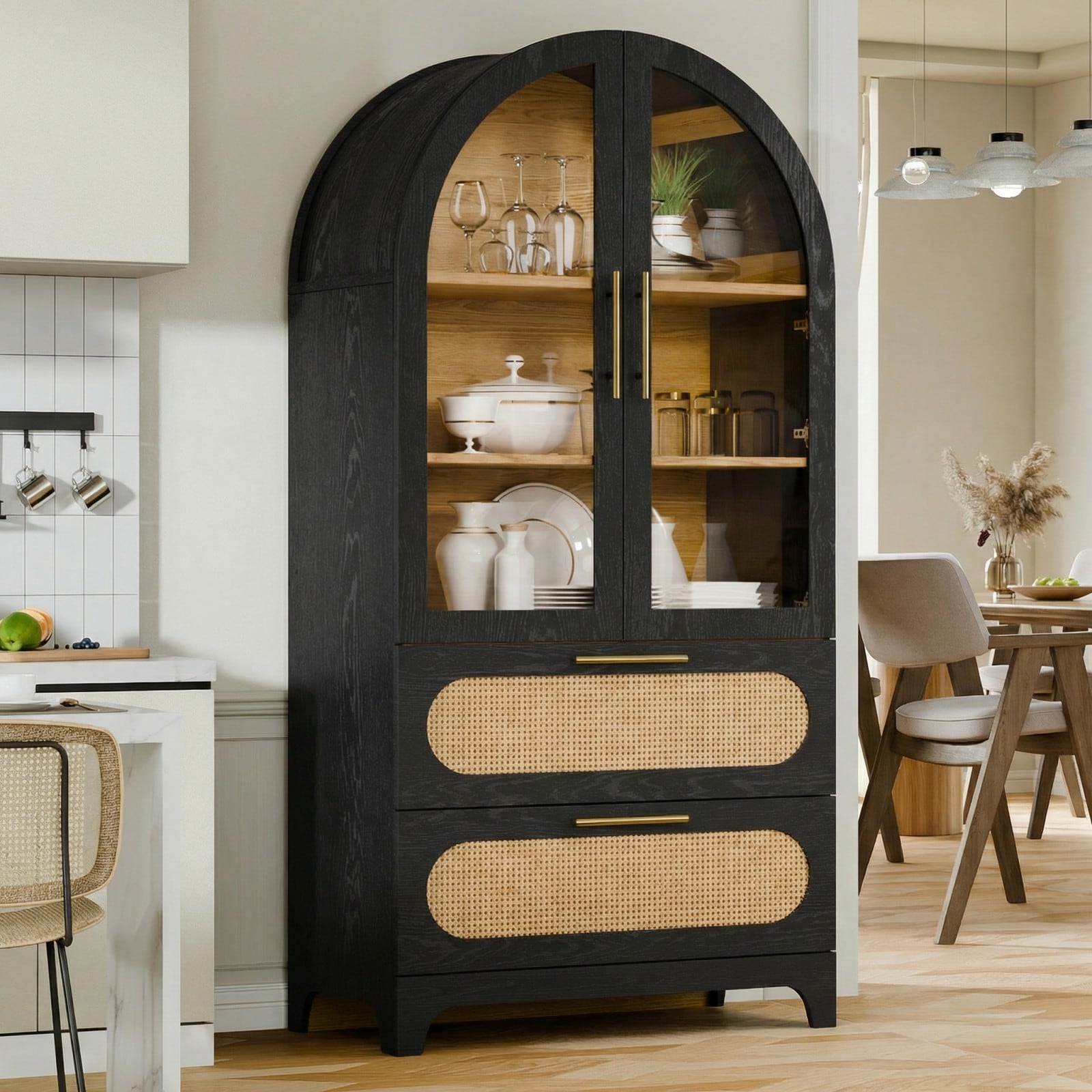 GlasFlength  63-Inch Arched Storage Cabinet Rattan Door Display Bookshelf Multi Tier Organization Solution for Living Room Dining Room Kitchen or Home Office Black