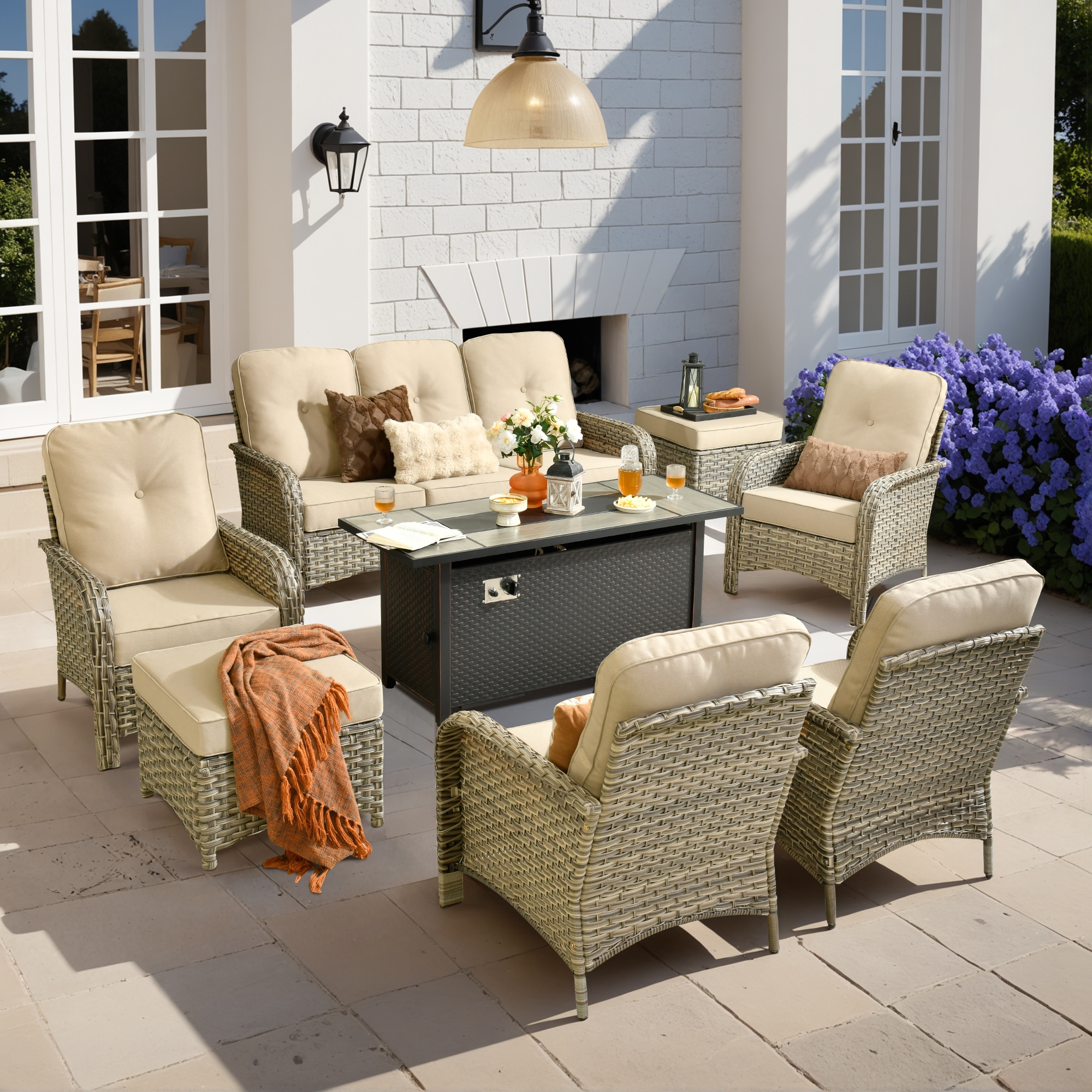 Pouuin SDFPVNC607 8 -Piece Wicker Patio Sofa Conversation Set with Beige Cushions