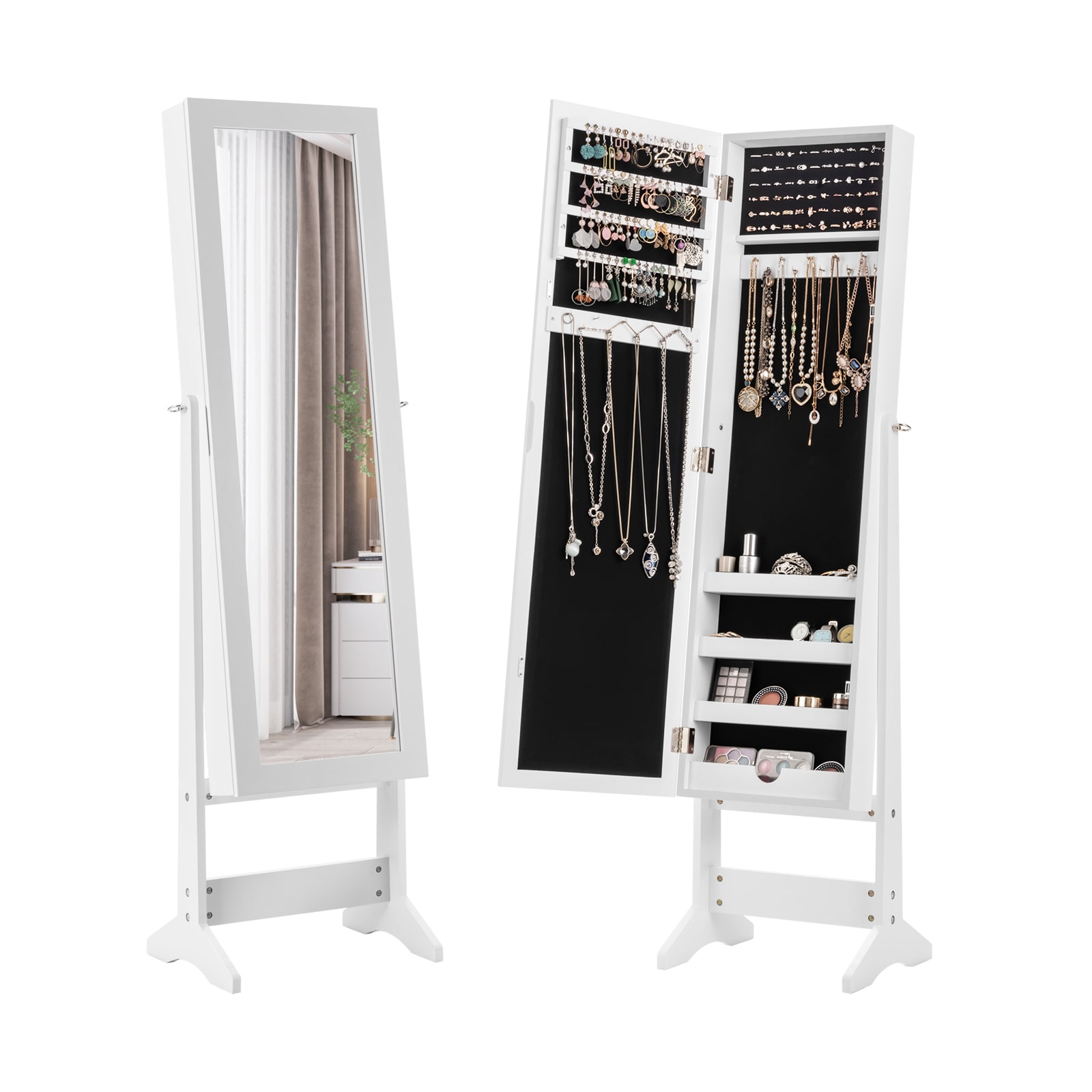 Slickblue D-CO-HW91466WH Freestanding Jewelry Cabinet with Full Length Mirror Adjustable Tilt and Hidden Storage 3 Color Options 56 inches H
