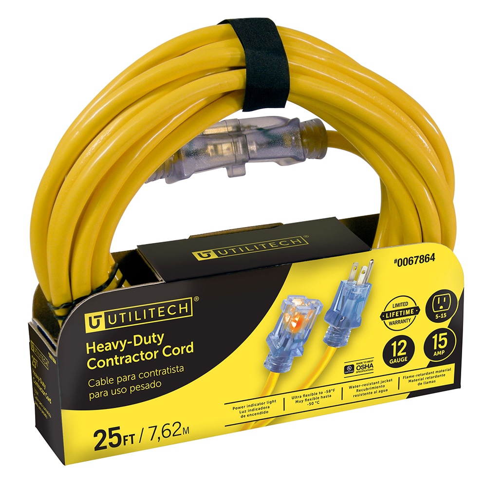 Utilitech 25-ft 12/3-Prong Outdoor Sjtw Heavy Duty Lighted Extension Cord  in the Extension Cords department at