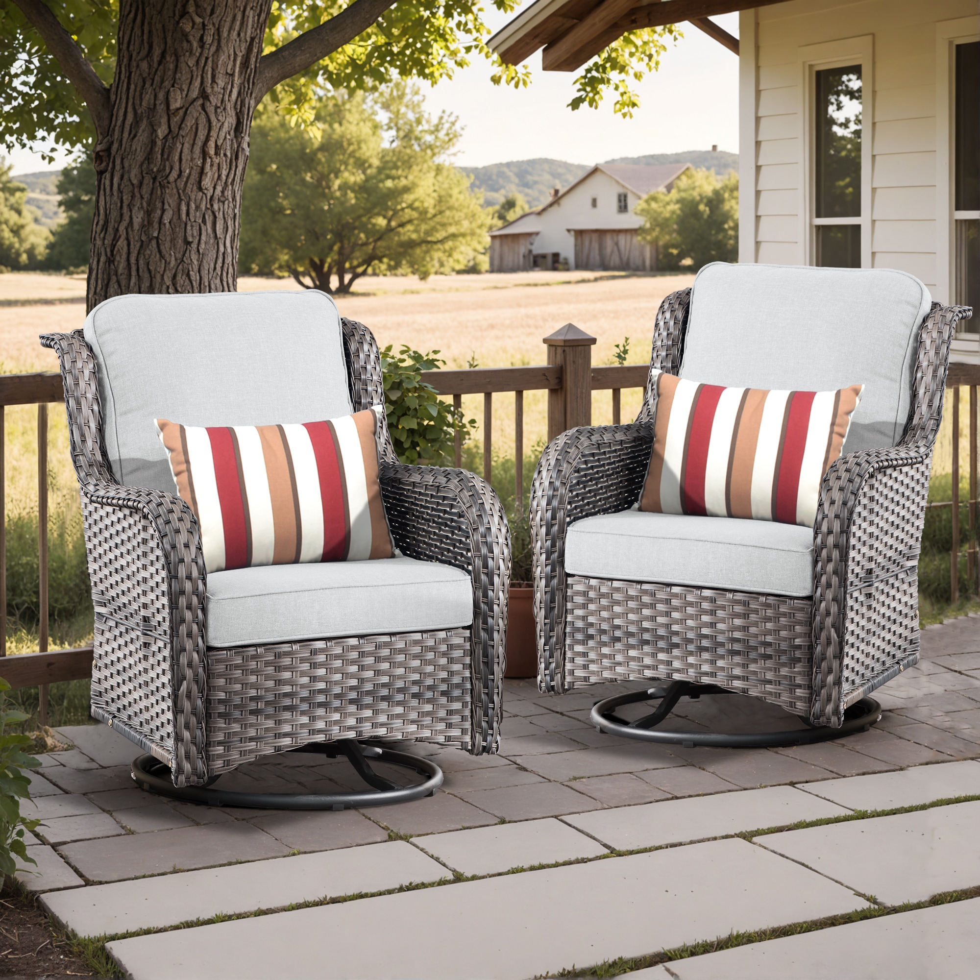 Pouuin SYZGNTC402 Set of 2 Wicker Gray Metal Frame Swivel rocker Rocking Chair with Gray Cushioned Seat