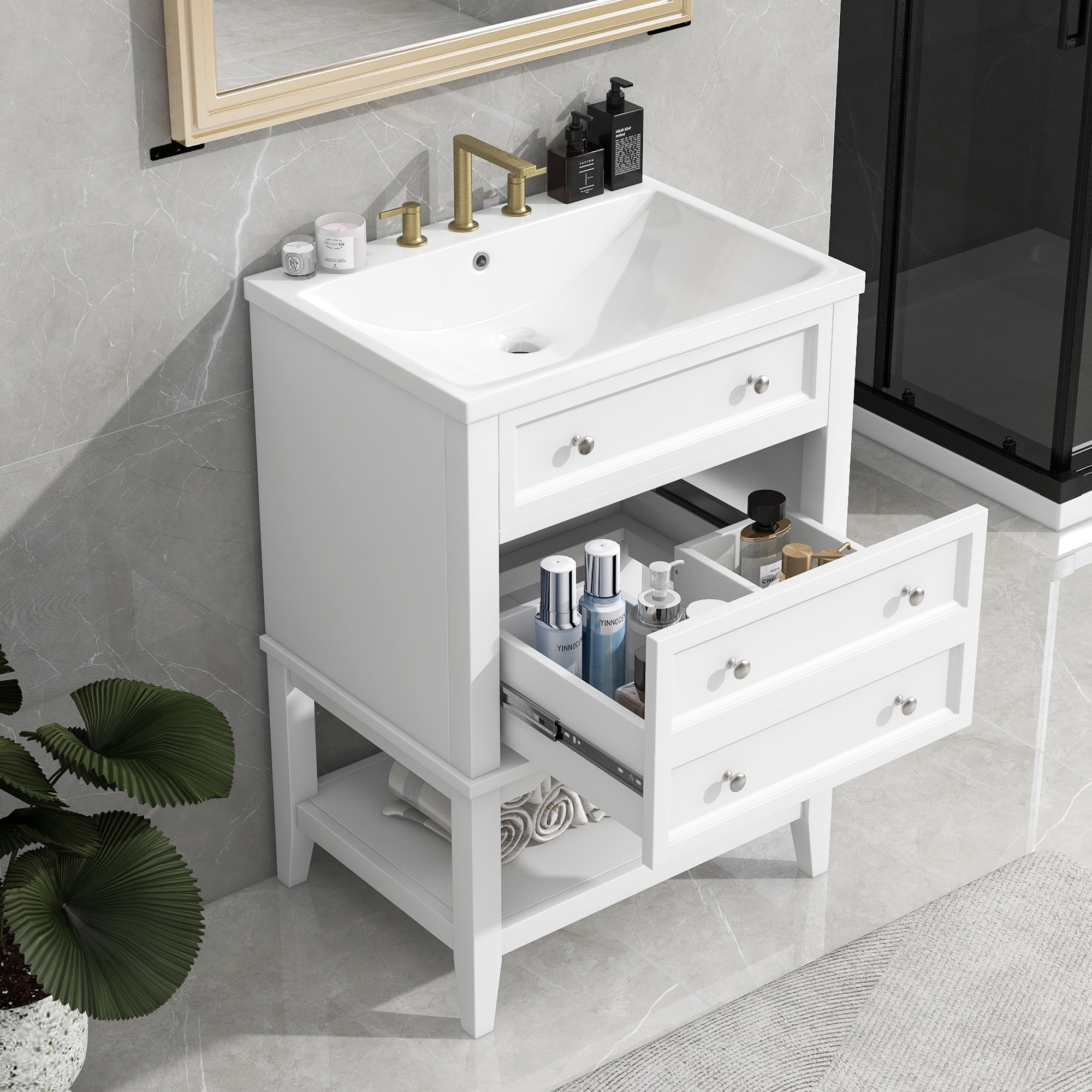 ModernLuxe L3P-SY999991AAK 24inch Bathroom Vanity With Sink Bathroom Storage Cabinet with Drawer and Open Shelf Solid Wood Frame White