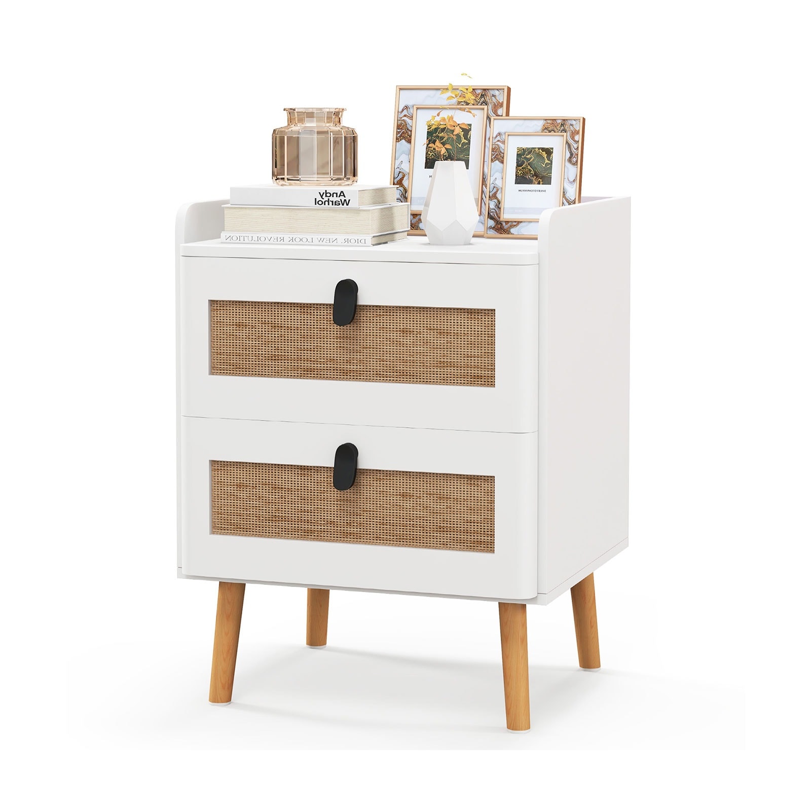 Slickblue D-CO-HW49011VJ 2-Drawer Nightstand - 15.5W x 22.5H White and Natural MDF and Pine Wood Rectangle Modern End Table With Storage for Bedroom or Living Room