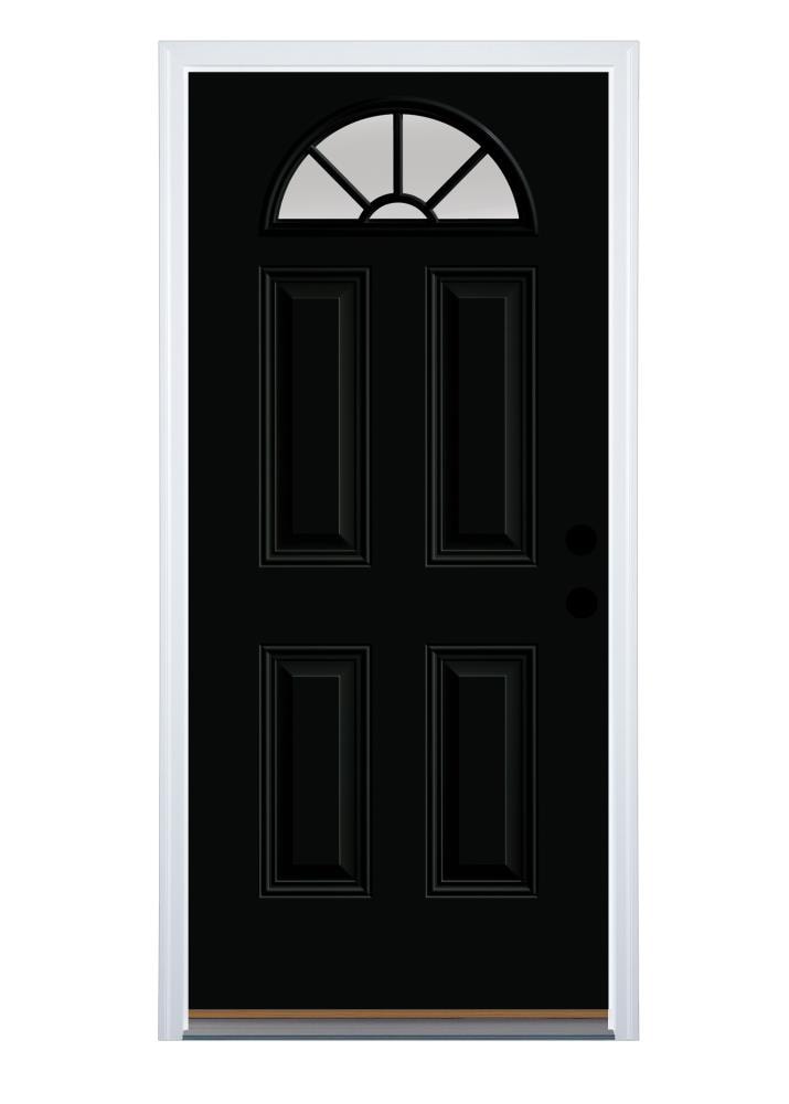 Therma-Tru Benchmark Doors TTBS630484 Sunburst 36-in x 80-in Steel 1/4 Lite Left-Hand Inswing Black Painted Prehung Single Front Door with Brickmould Insulating Core