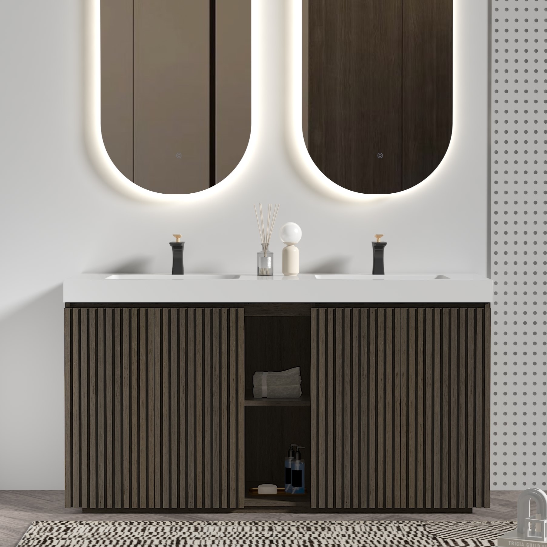 GDFStudio Galan 60-inch Modern Freestanding Bathroom Vanity with Sink and Fluted Smoked Oak Soft-Close Doors with Adjustable Shelving - Smoked Oak+White