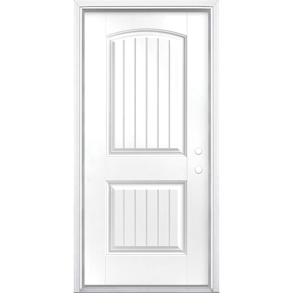 Masonite 1218267 36-in x 80-in x 4-9/16-in Fiberglass No glass Left-hand inswing Arctic White Painted Prehung Front Door with Brickmould Insulating core