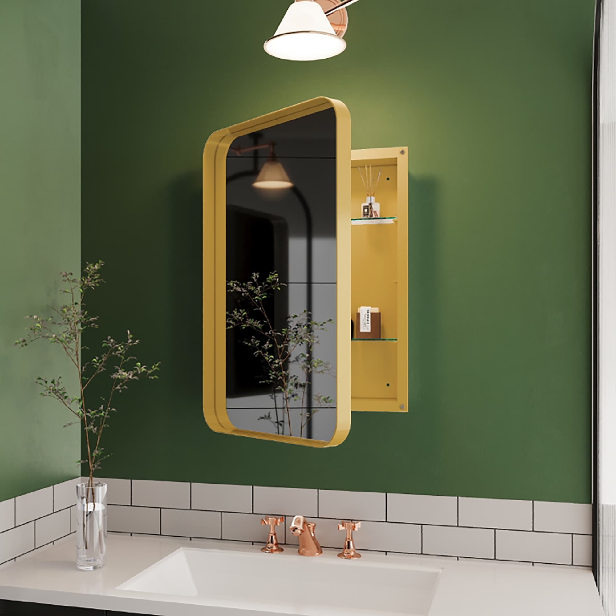 AAZJ FS-P191606 Medicine Cabinets 16-in x 24-in Fog Free Recessed Mount Golden Mirrored Rectangle Medicine Cabinet