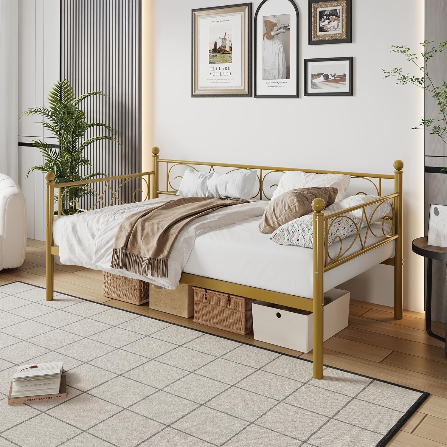 Qeetex LHF-BED-PHO-0Y38CS5D Metal Daybed Frame Twin Size Bed Sofa with Headboard Platform Bed Frame with Steel Slat Support for Kids Teens Adults No Box Spring Needed Gold