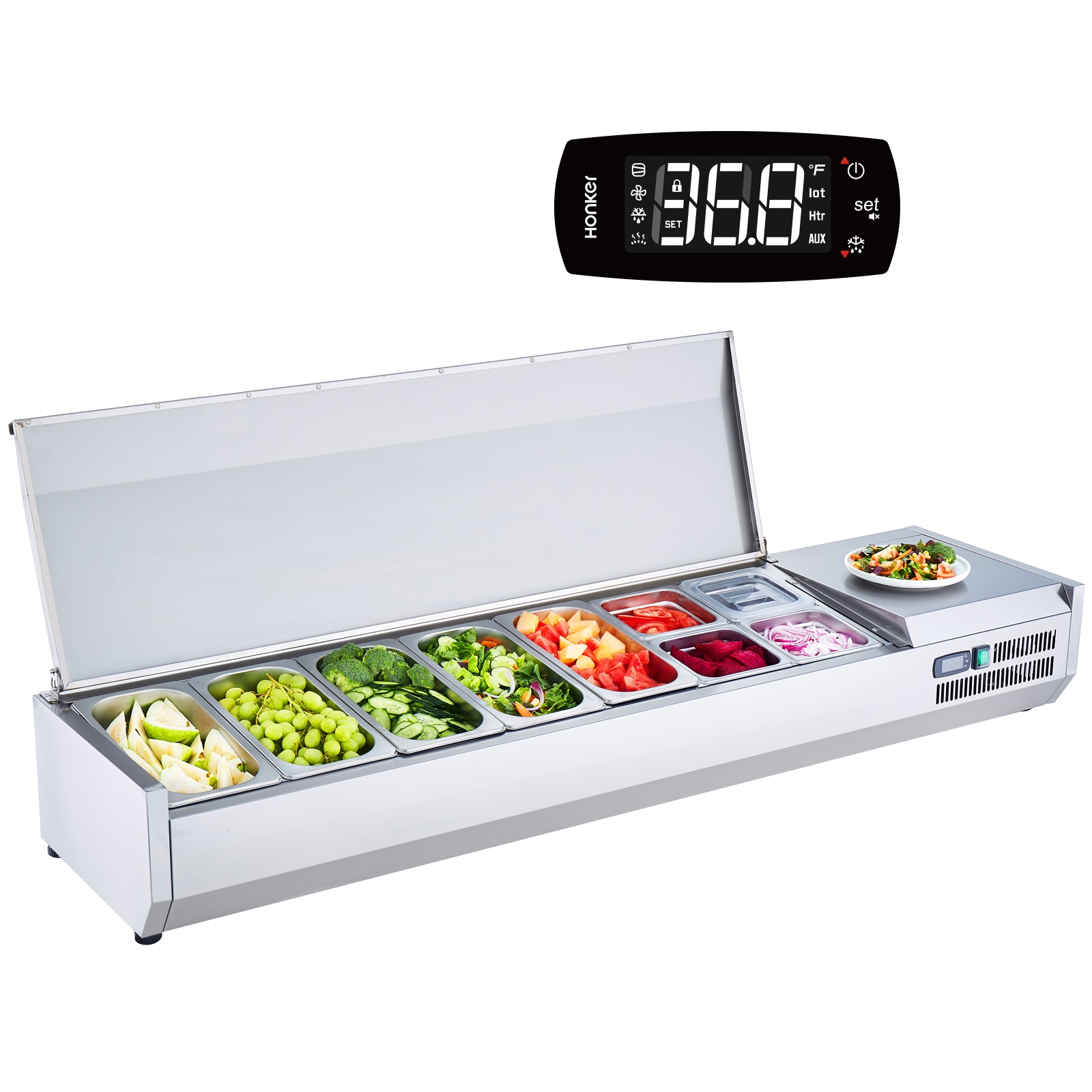 SVOPES SCBXGZLZDWT703192V1 Refrigerated Condiment Prep Station 160 W Countertop Refrigerated Condiment Station with 5 1/3 Pans and 4 1/6 Pans 304 Stainless Body and PC Lid Sandwich Prep Table with Stainless Guard ETL