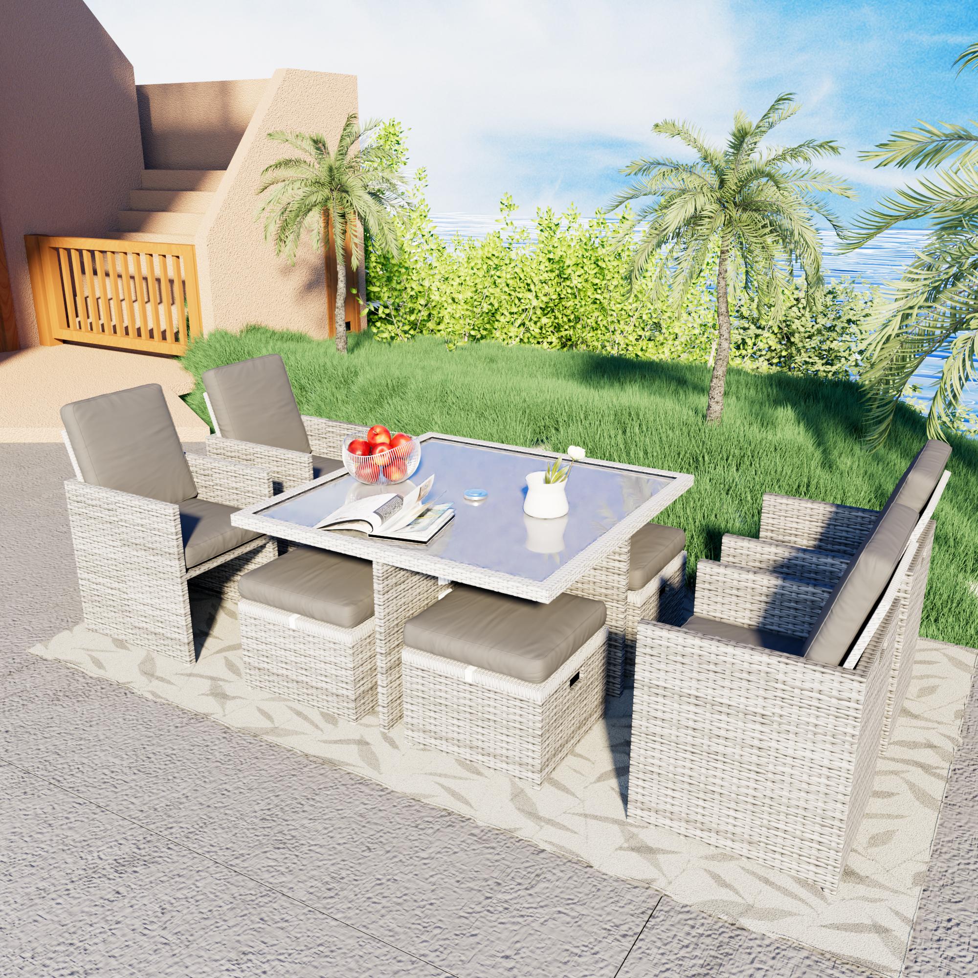 Bayfeve BF-1519S3-GDS 9 Piece All-Weather Rattan Dining Set 9 -Piece Light Grey Rattan Patio Dining Set Rattan Rectangle Table with 8 Gray Cushions Stationary Chairs