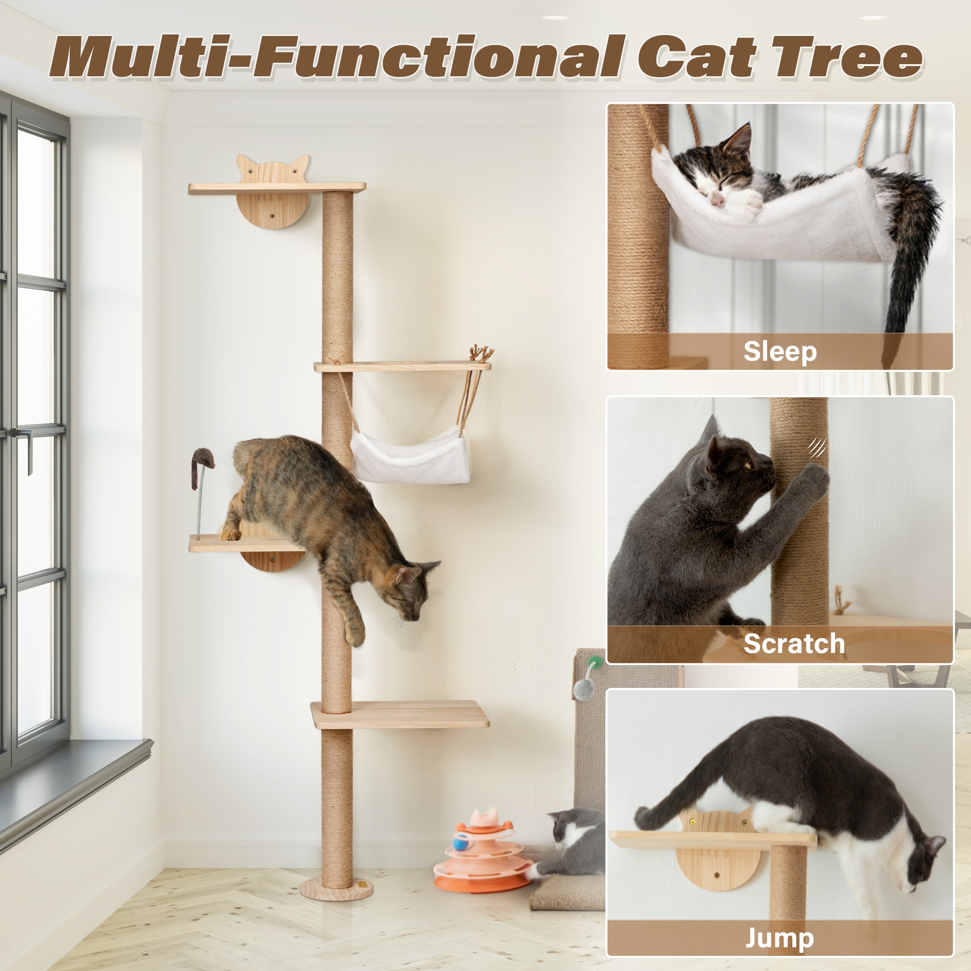Natural Pinewood Wall-Mounted 4-Tier Cat Tree with Sisal Scratching Post