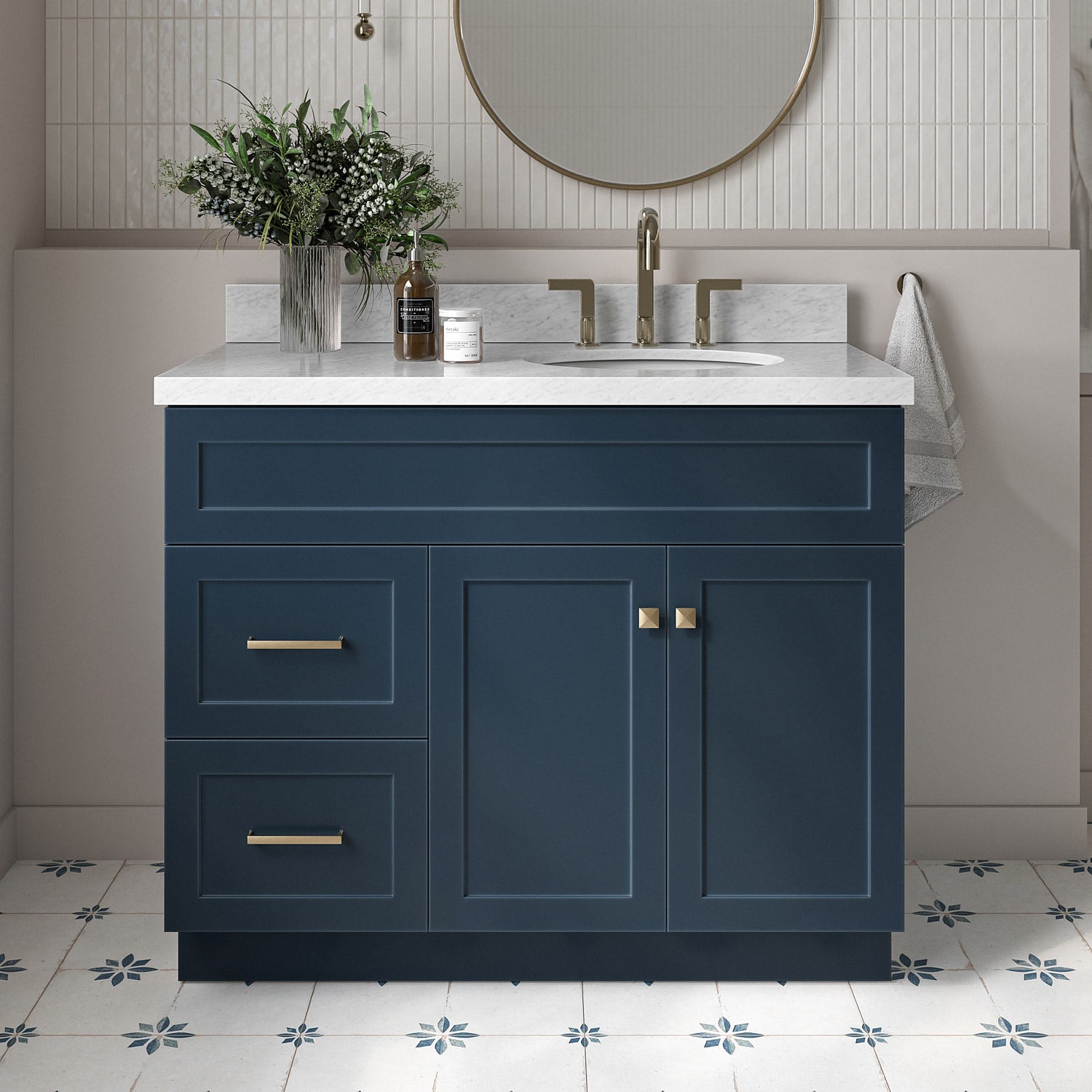 ARIEL F043SRCWOVOMNB Hamlet 43-in Midnight Blue Undermount Single sink Bathroom Vanity with Carrara White Marble Marble Top