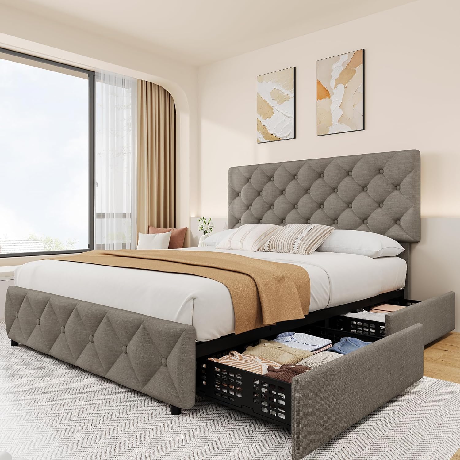 WhizMax LHFLS-PHO-121URIOT Full Size Bed Frame with 4 Storage Drawers and Adjustable Headboard Linen Upholstered Platform Bed with Button Tufted Design Light Gray