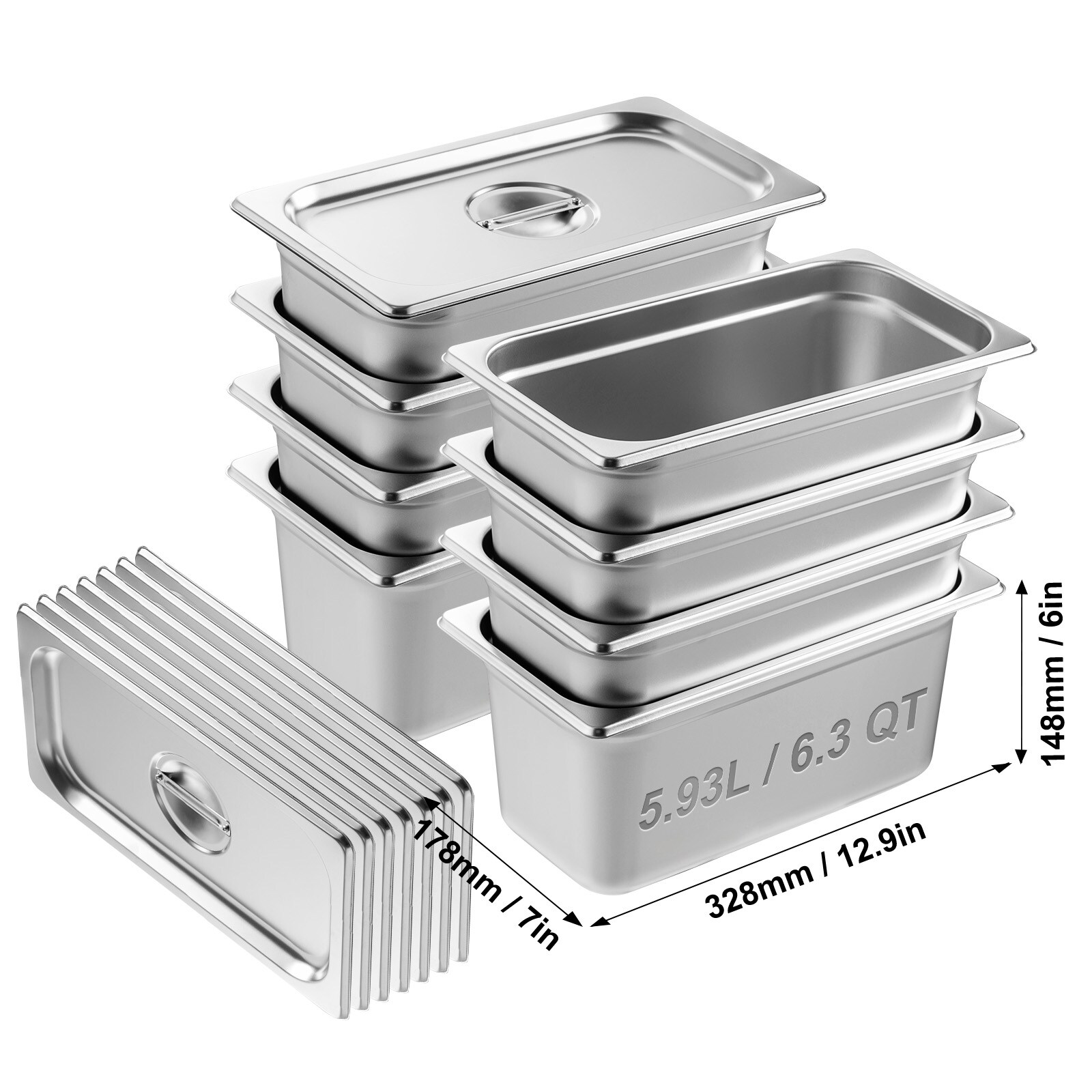 GIVIMO 8-pc Hotel Pan 1/3 Size Anti-Jam Steam Pan with Lid 0.8-mm ...
