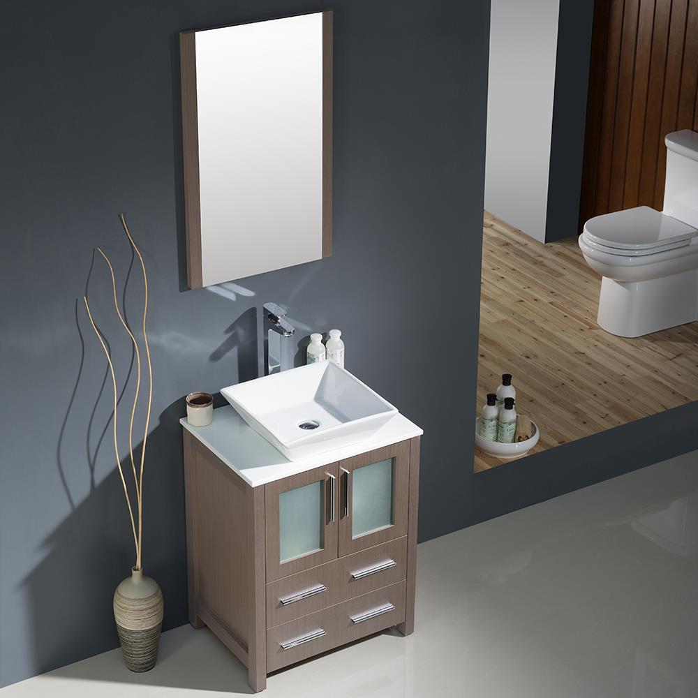 24" Gray Oak Modern Freestanding Vanity Set with Vessel Sink & Mirror