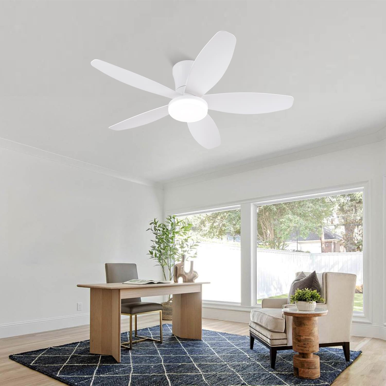 Kviflon - 36 in White Low Profile Ceiling Fan with Light Modern Flush Mount Ceiling Fan with Quie...
