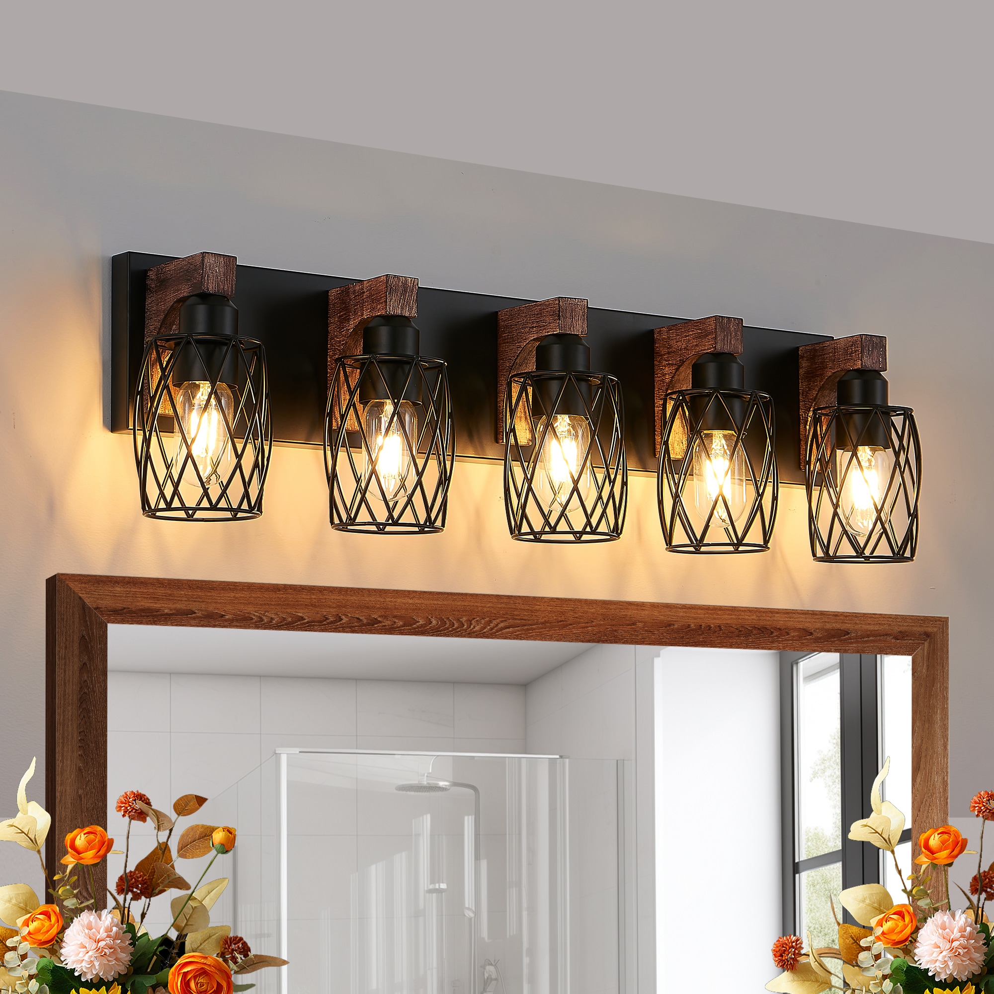Tenleaf 31 Inch 5-Light Black Cage Wall Sconce Industrial Vintage Wall Lighting with Wooden Accents Decorative Wall Lamp for Bathroom Hallway Living Room No Bulbs