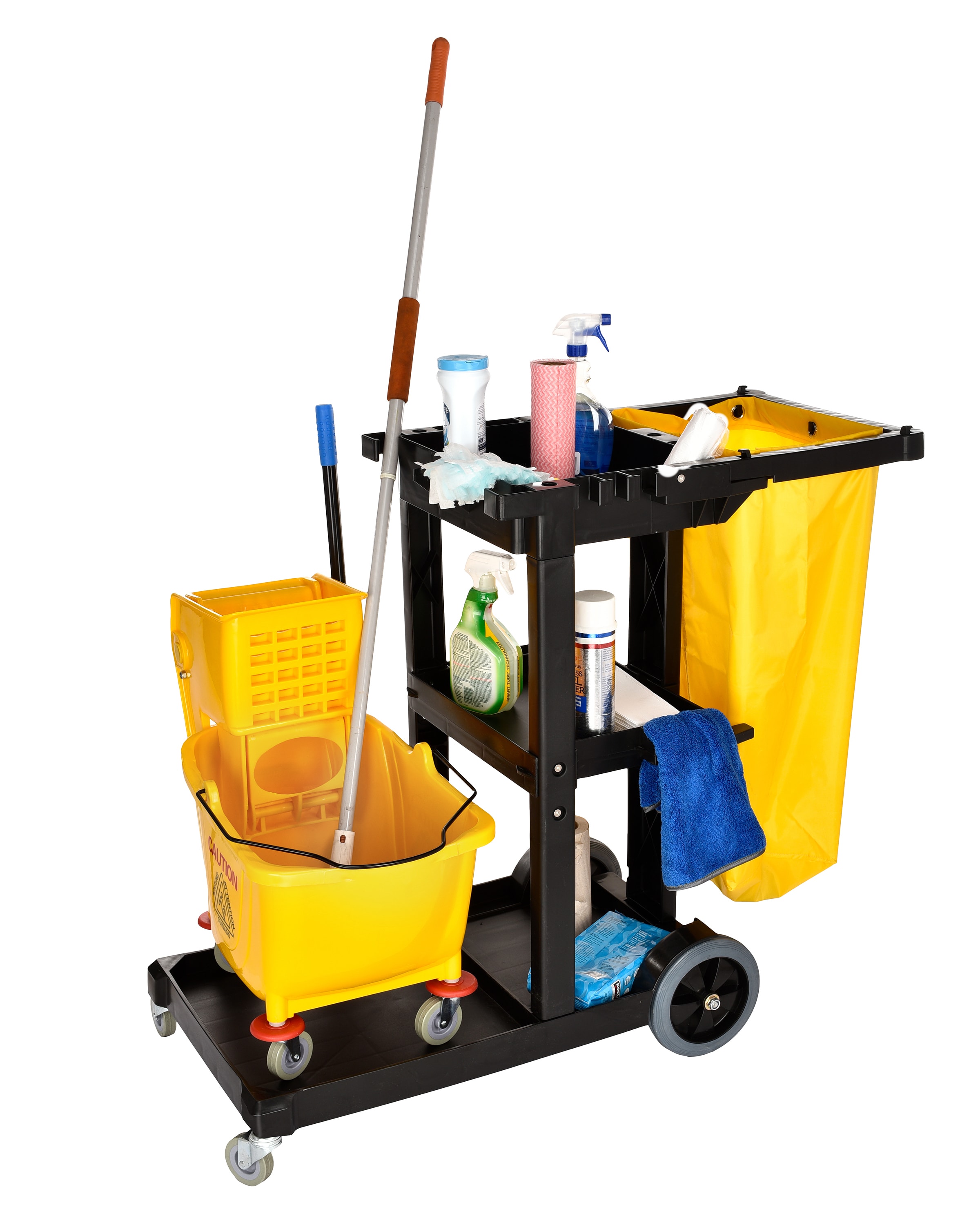 Lavex Premium 3-Shelf Janitor Cart Kit with Yellow Zippered Bag, Lid, and  Double Lock Box