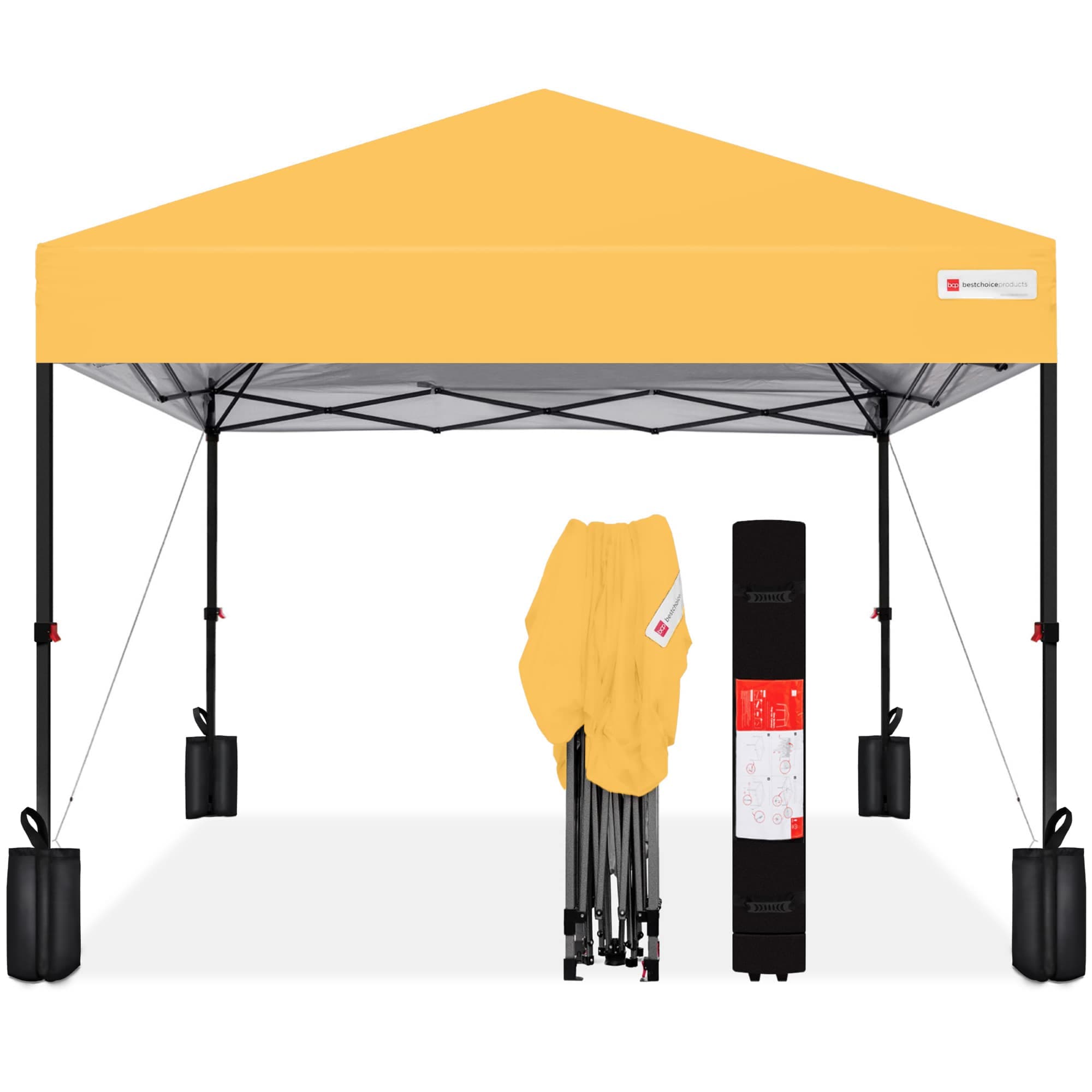 Best Choice Products SKY7809 8x8ft Easy Setup Pop Up Canopy w/ 1-Button Setup Wheeled Case 4 Weight Bags - Marigold