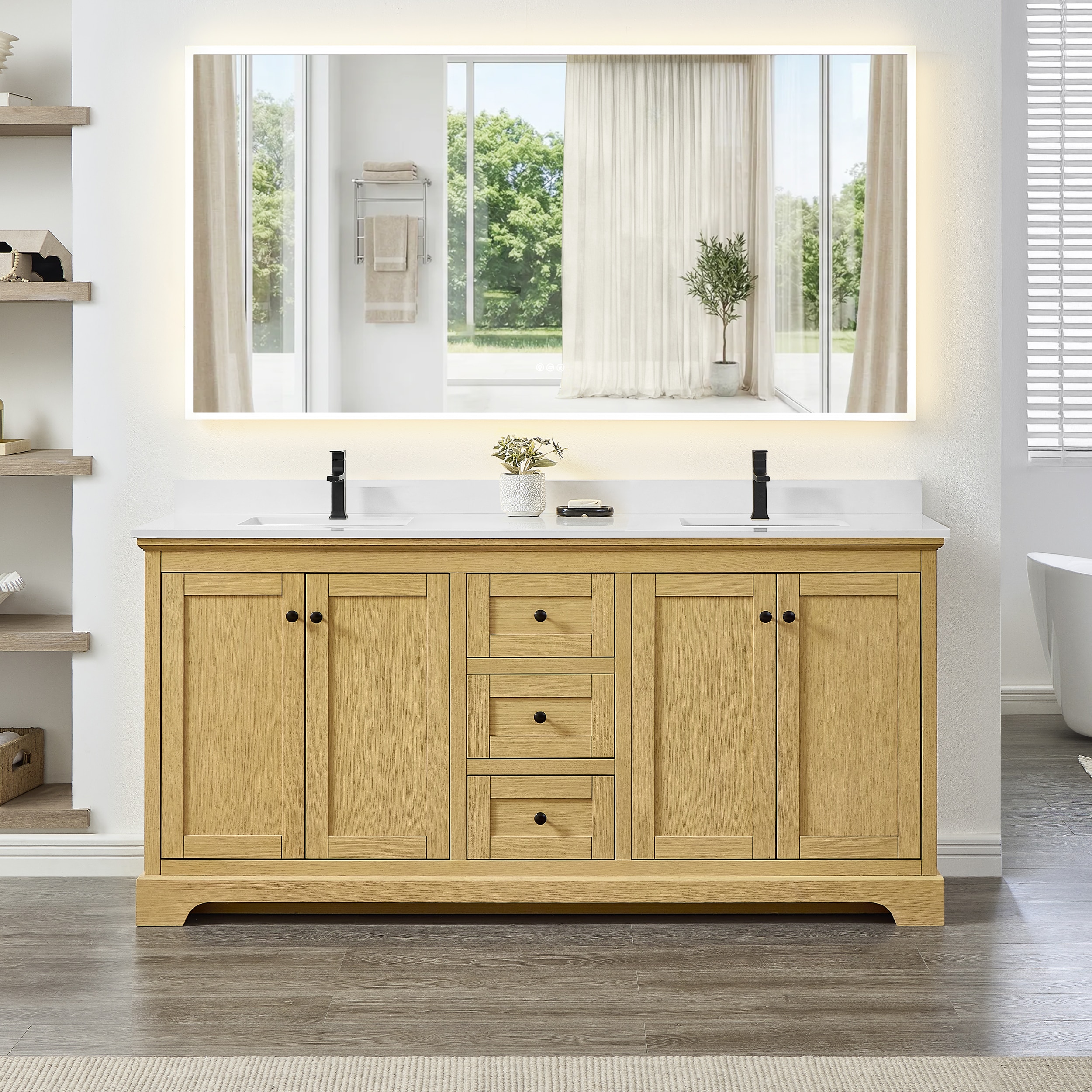 Wyndham Collection - Avery 72 Inch Double Bathroom Vanity in Honey Oak, White Quartz Countertop, ...