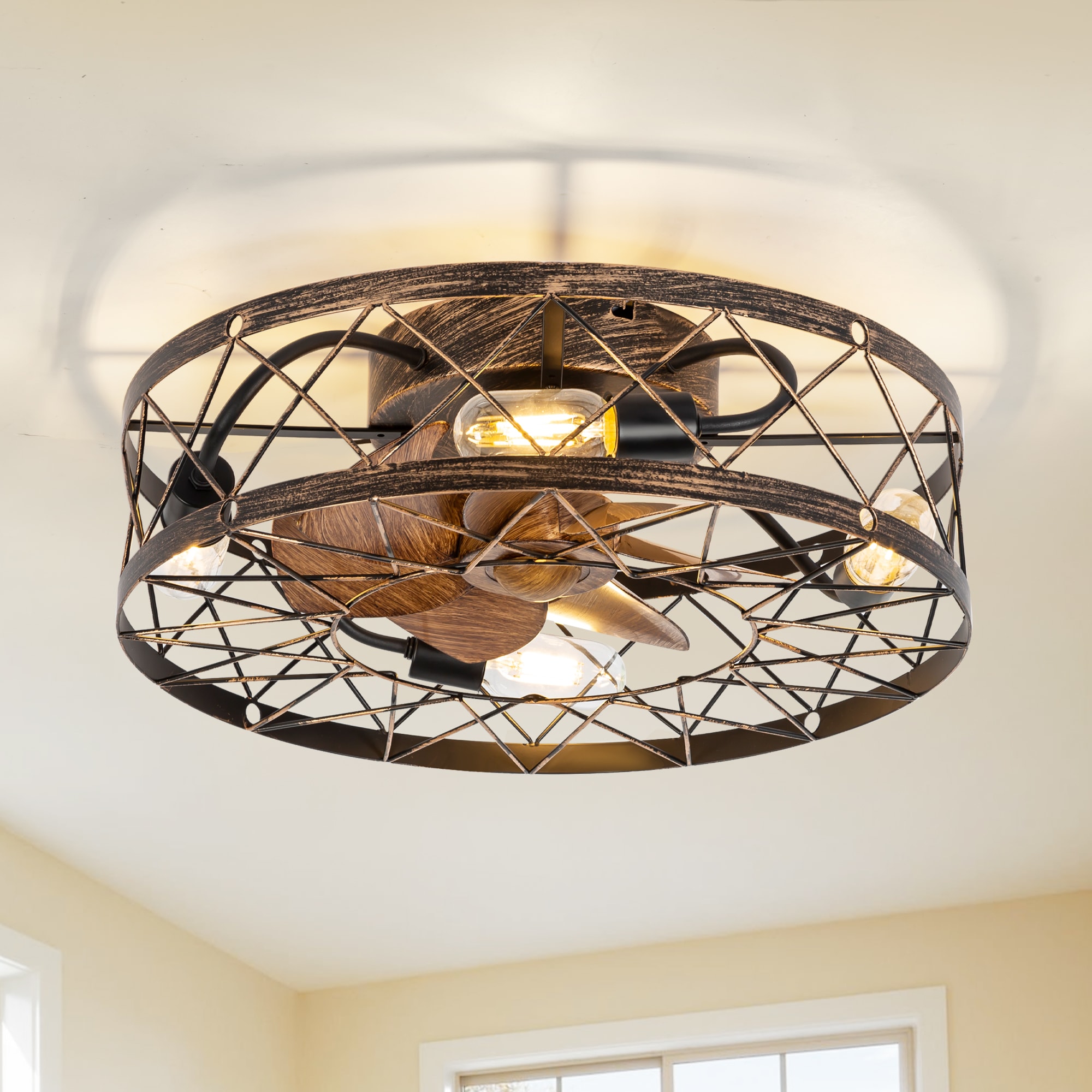 Breezary 33038-BG 19-in Flush Mount Matte Black and Gold with Brown Blades Fandelier Ceiling Fan With Light - Remote Included ( 7 -Blade )