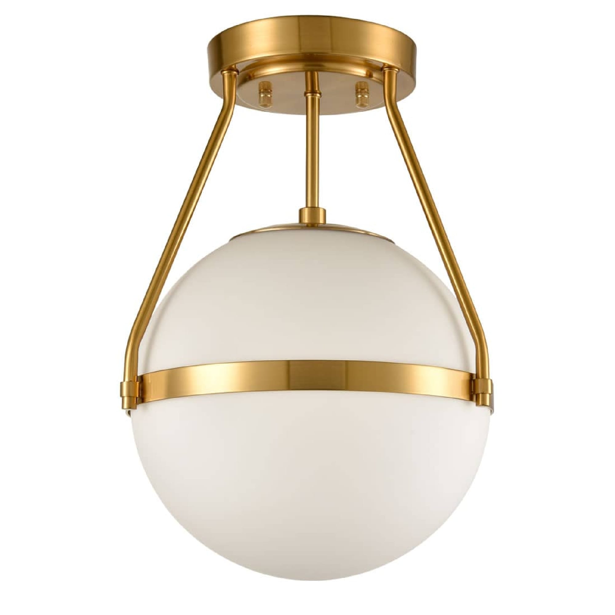 Brass and White Glass Globe Semi Flush Mount Light