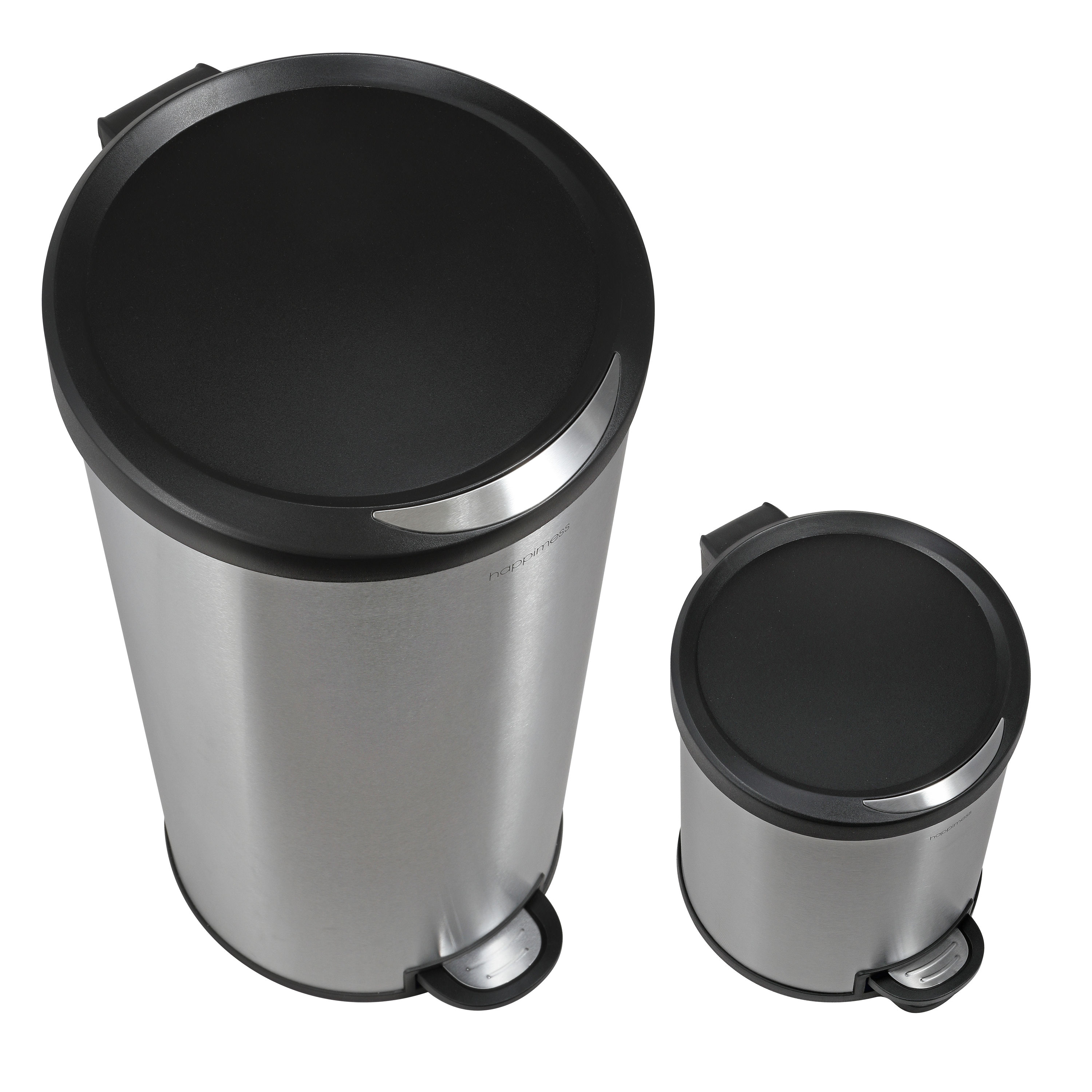 Oscar Stainless Steel Cylinder Step Trash Can Set with Black Lid