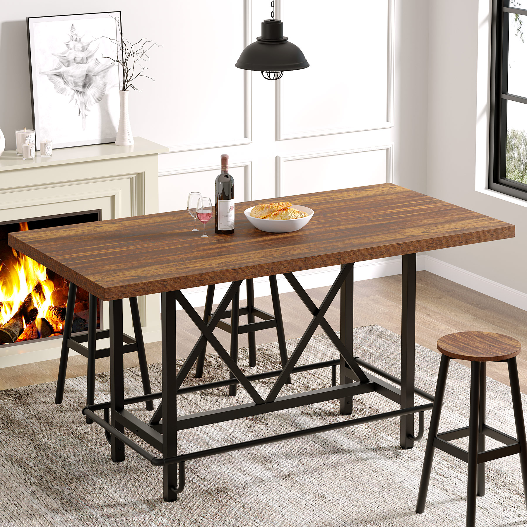 Fnova LWTJ-JW0778 Rustic Brown Contemporary/Modern Counter Table, MDF with Wood finish Wood Trestle Base 62.99-in L x 35.43-in H