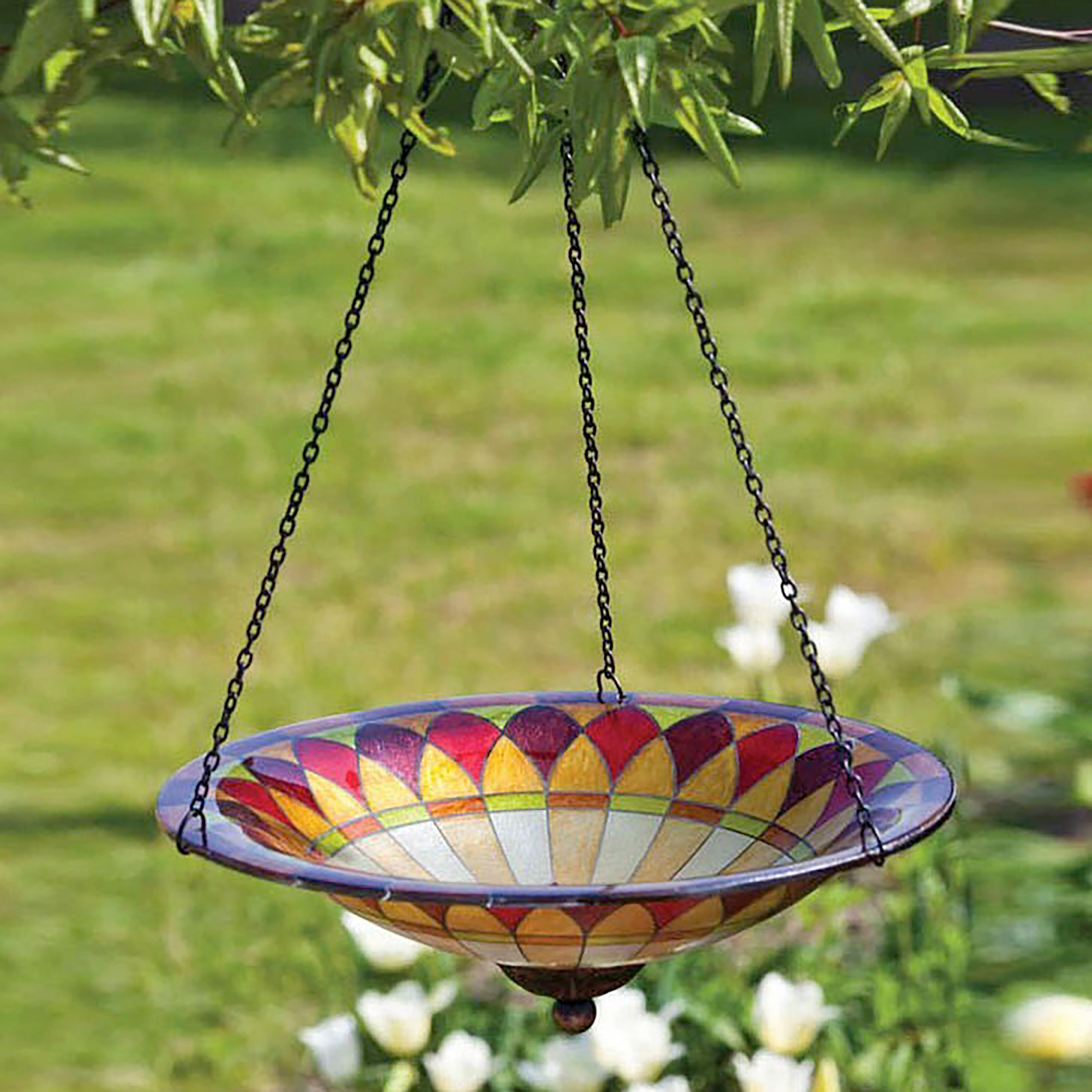 Tiffany-Inspired Red and Yellow Hanging Glass Bird Bath