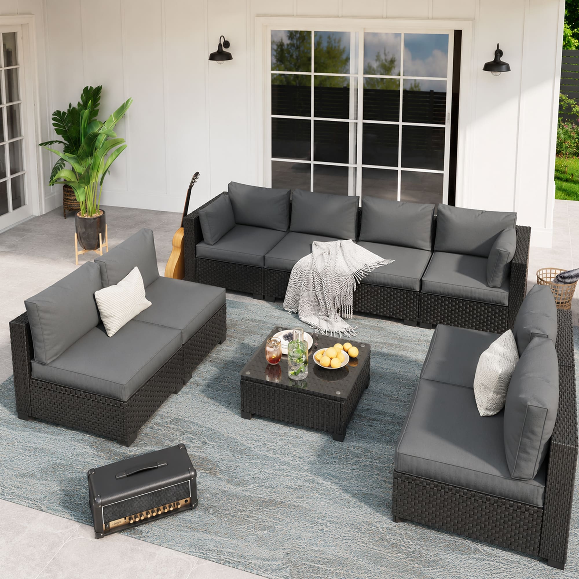 HYALON 9-Piece Rattan Wicker Outdoor Patio Conversation Sofa Seating Set with Coffee Table and Dark Gray Cushions and Sofa Cover