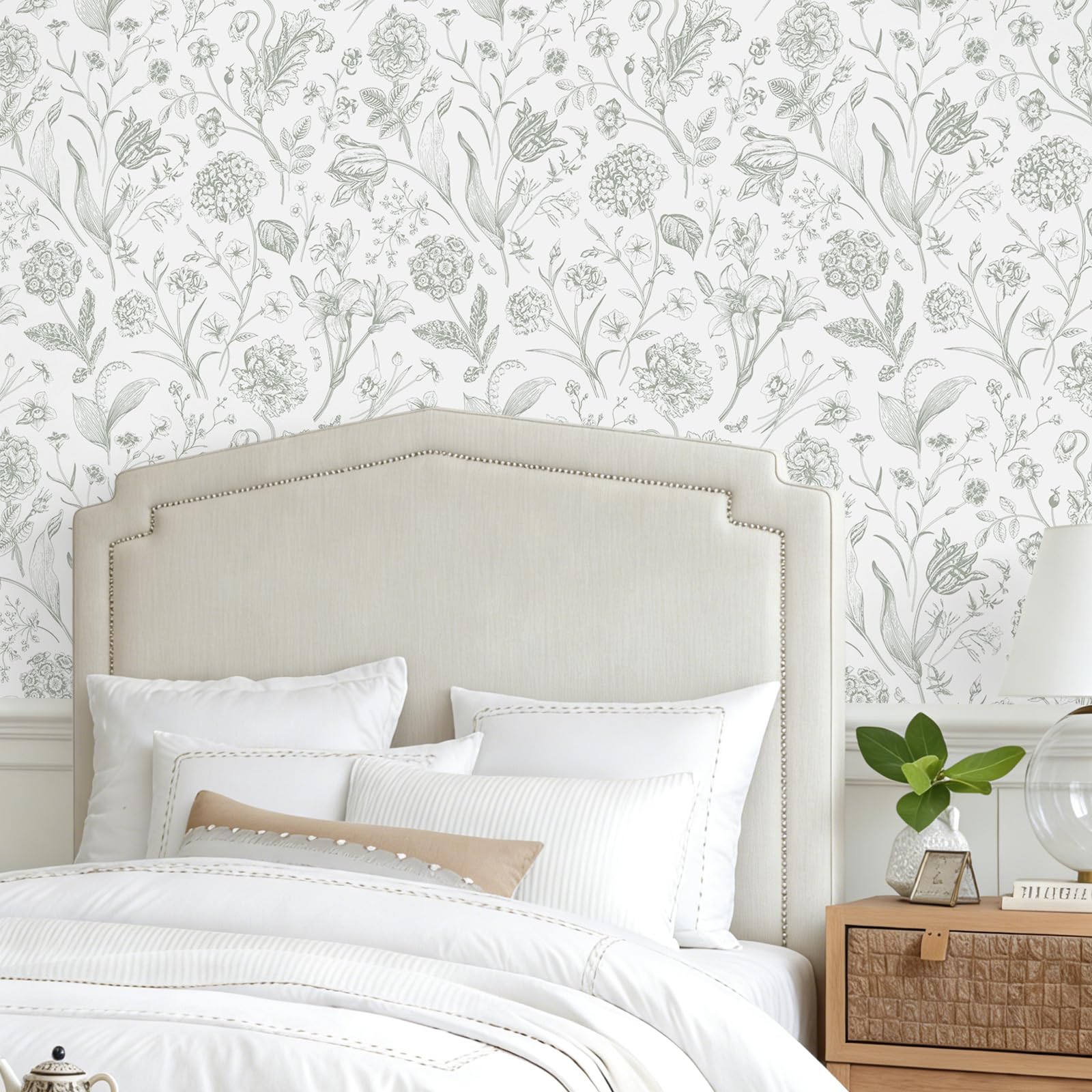 Phewnyzo Sage Green Toile Floral Peel and Stick Wallpaper 17.7 x 354 ...