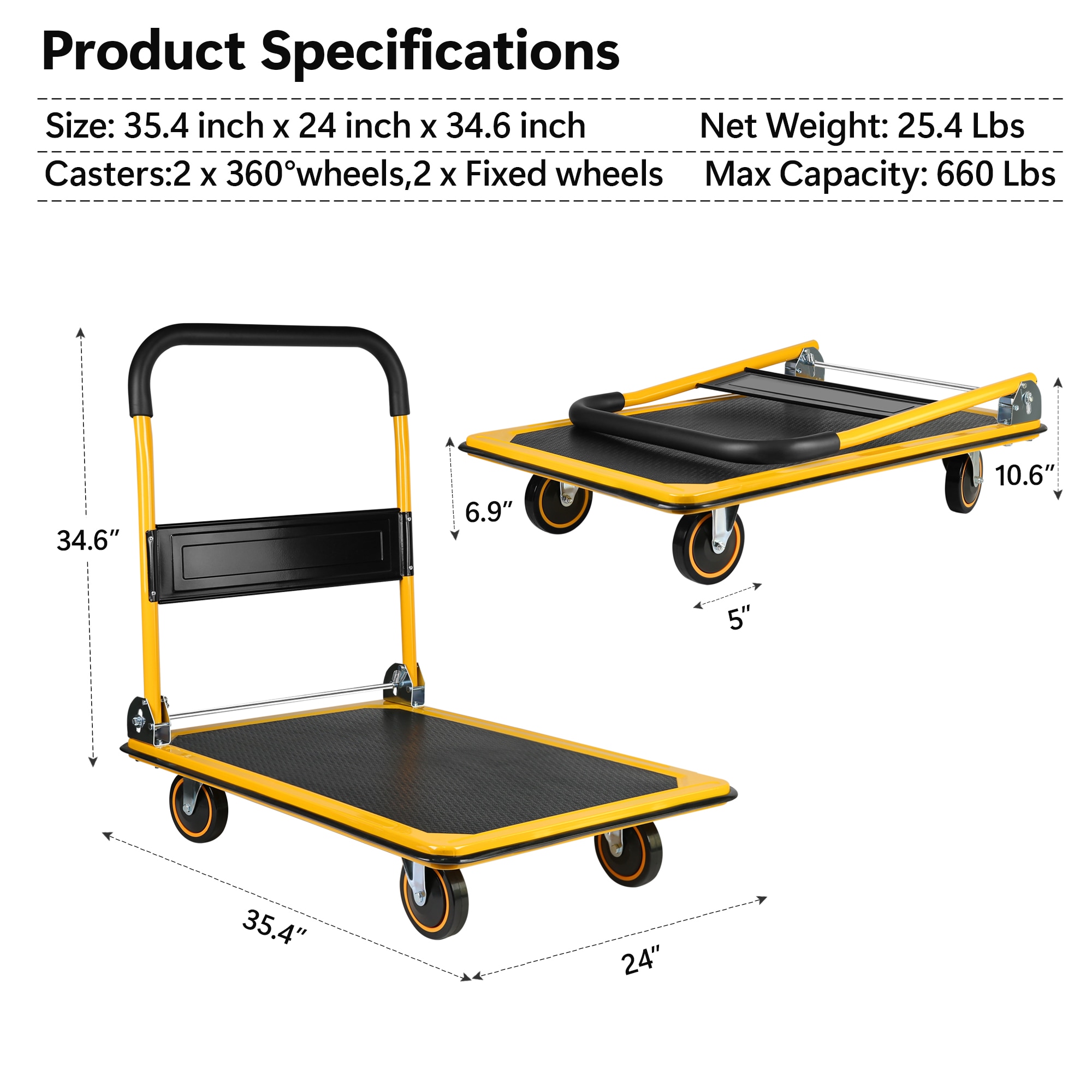 Siavonce 660-lb Capacity 4-Wheel Yellow Steel Heavy Duty Hand Truck ...