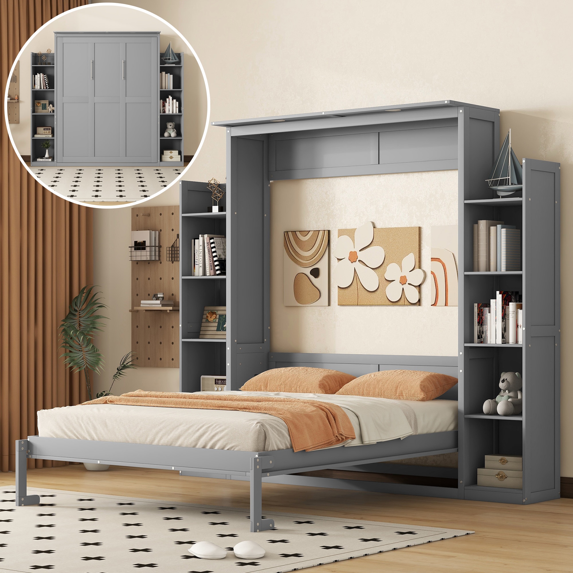 JIMSMAISON JMLFFB29GR Gray Queen Wood Murphy Bed with Storage