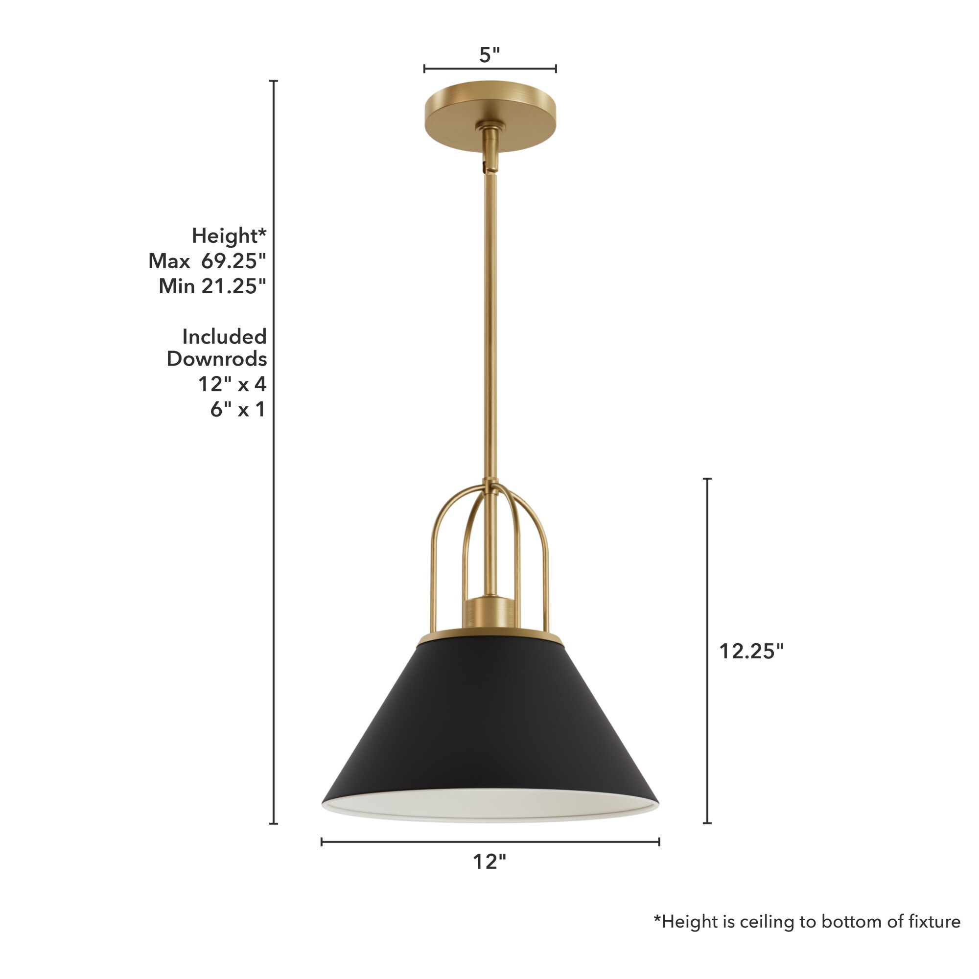 12" Matte Black and Gold Cone Pendant Light