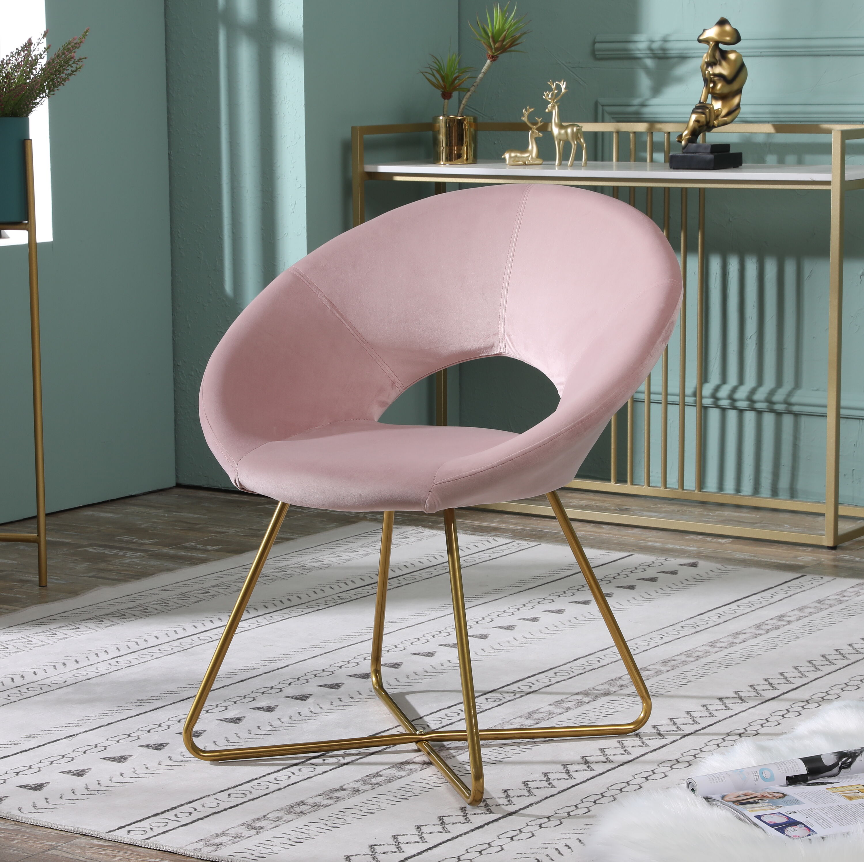 LOVMOR SF-M-T2574P164522 Slatina Pink Silky Velvet Upholstered Accent Chair with Gold Tone Finished Base