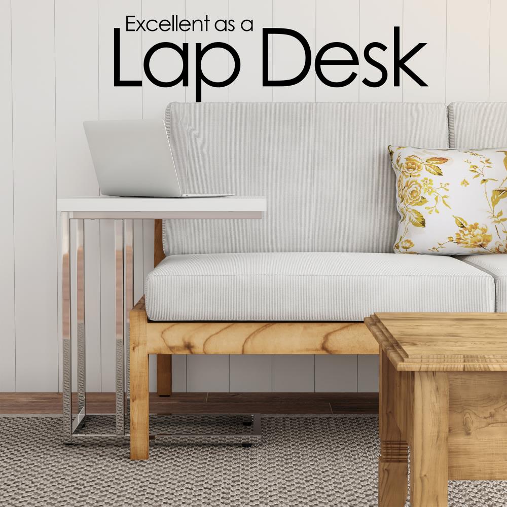 White Glossy Wood and Chrome C-Shaped Sofa Side Table