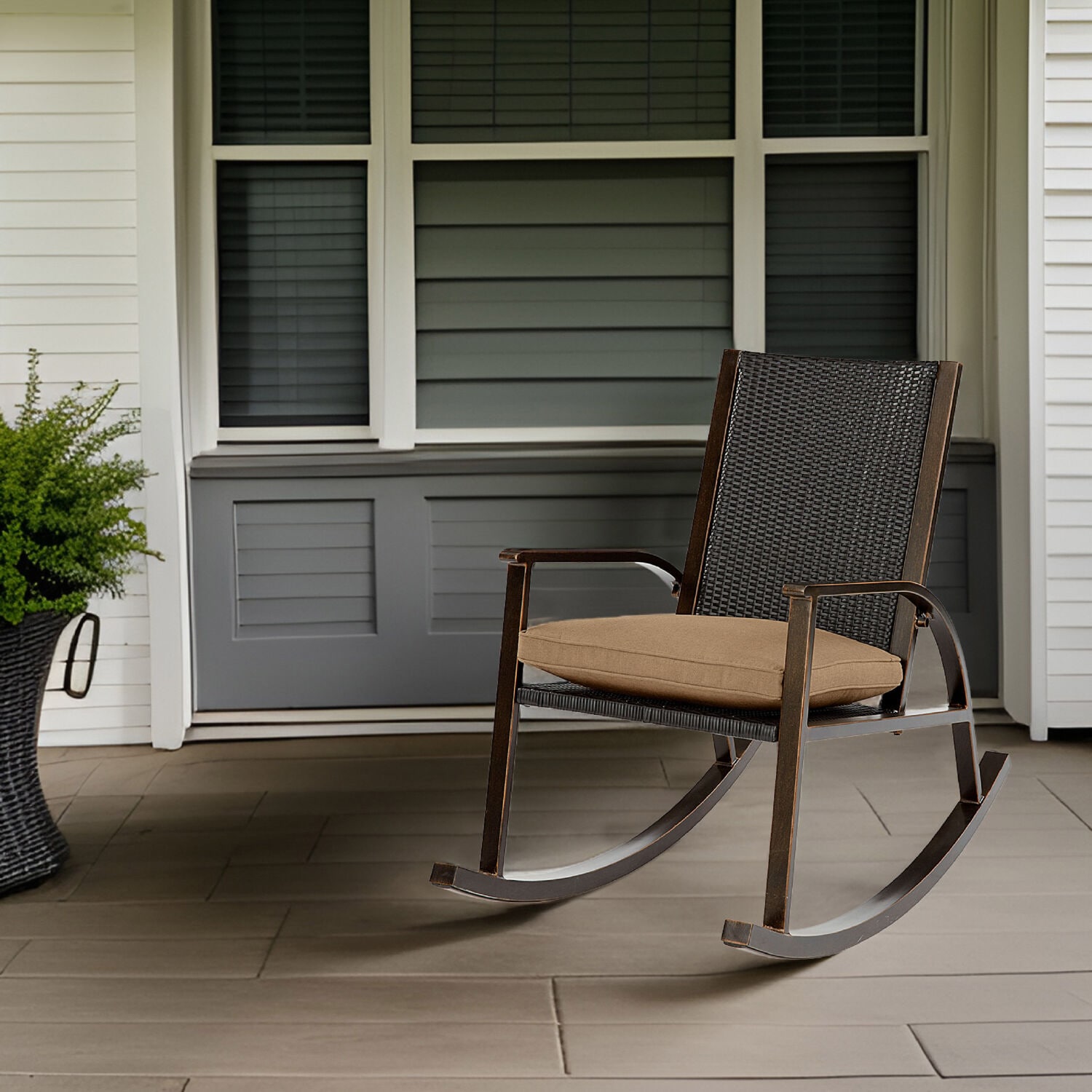 Beige Aluminum Wicker Back Rocking Chair with Cushions