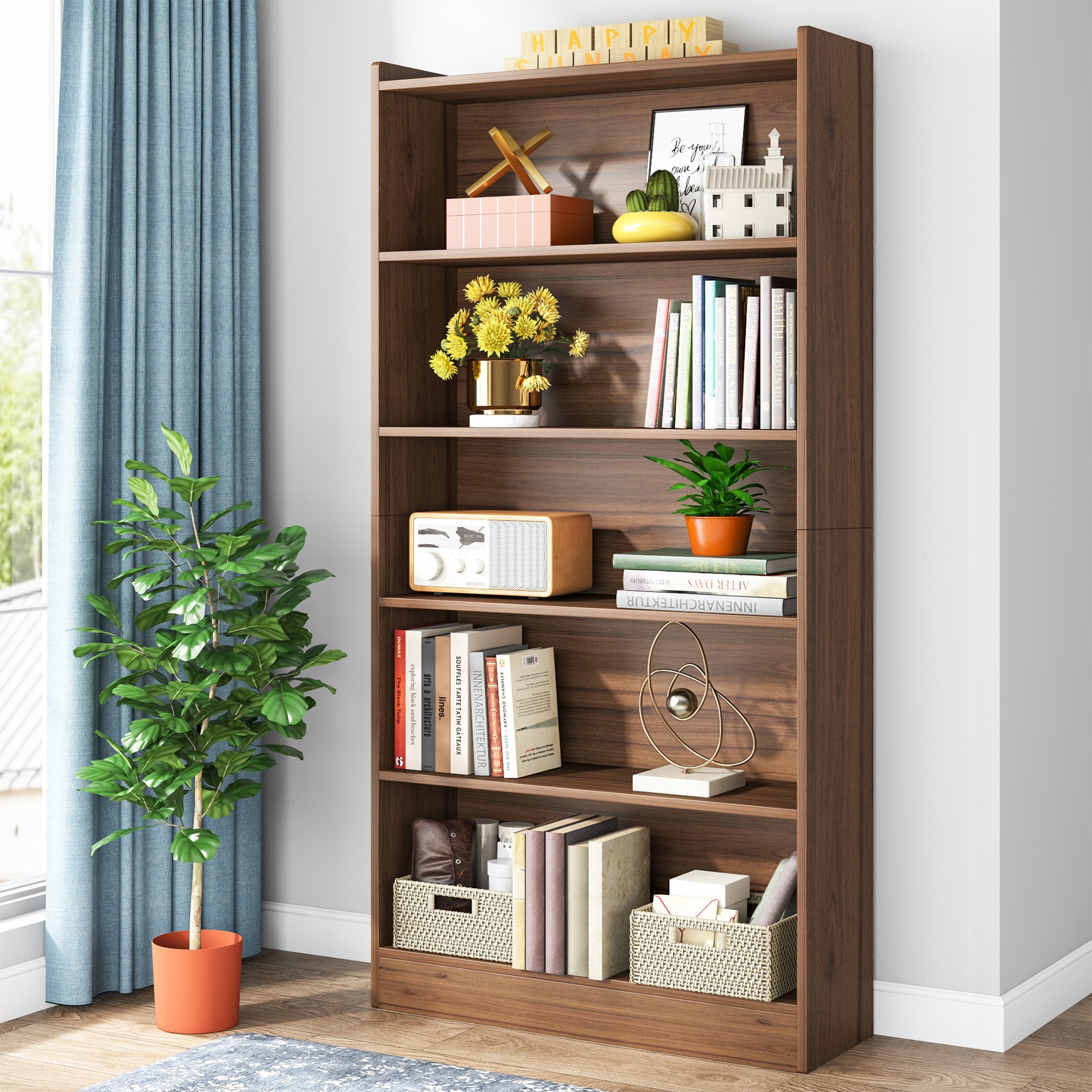 Tribesigns HOGA-XK00391 Bookshelf Brown MDF 6 -Shelf Bookcase ( 35.41-in W x 72.04-in H x 11.81-in D ) Finished