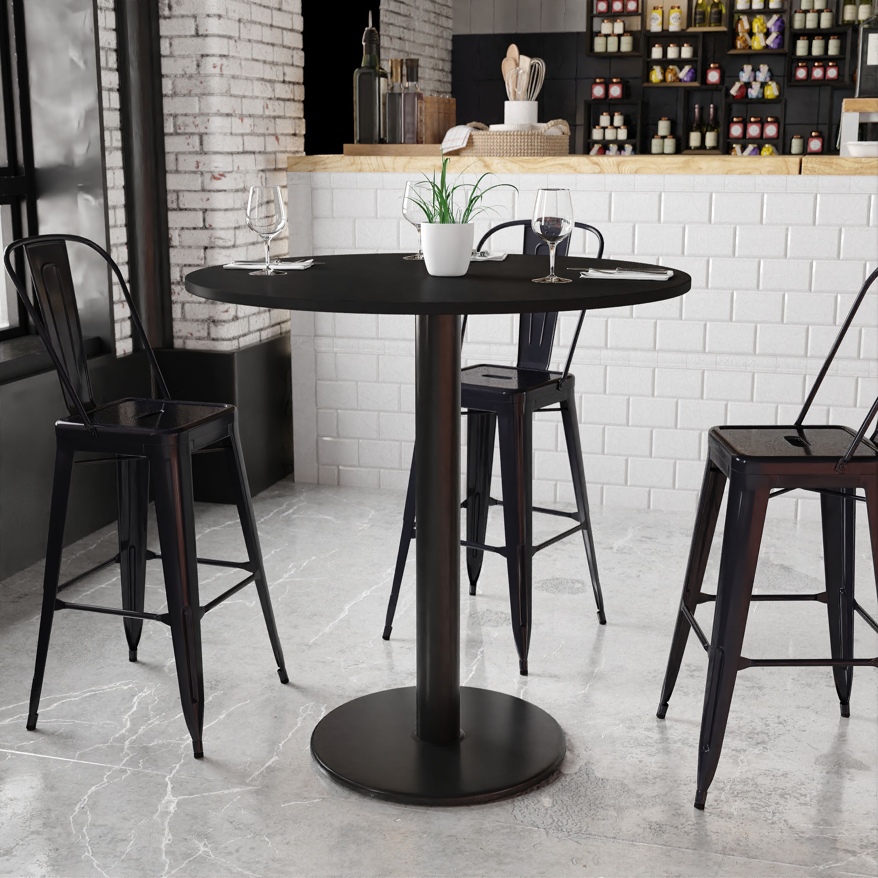 Flash Furniture 889142008088 Black Round Contemporary/Modern Bar Table, Wood veneer with Black Metal Pedestal Base 42-Inches L x 43.13-Inches H