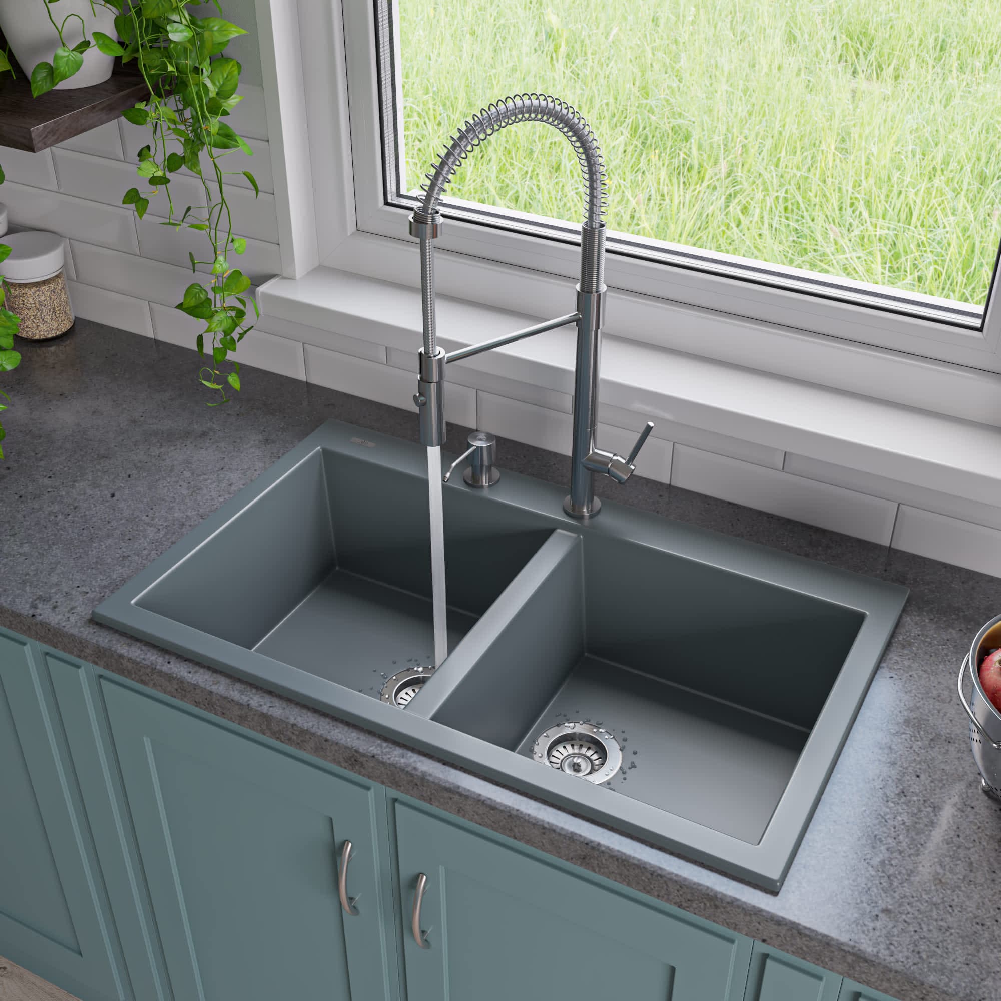 ALFI AB3420DI-T Titanium 34-in Drop-In Double Bowl Granite Composite Kitchen Sink