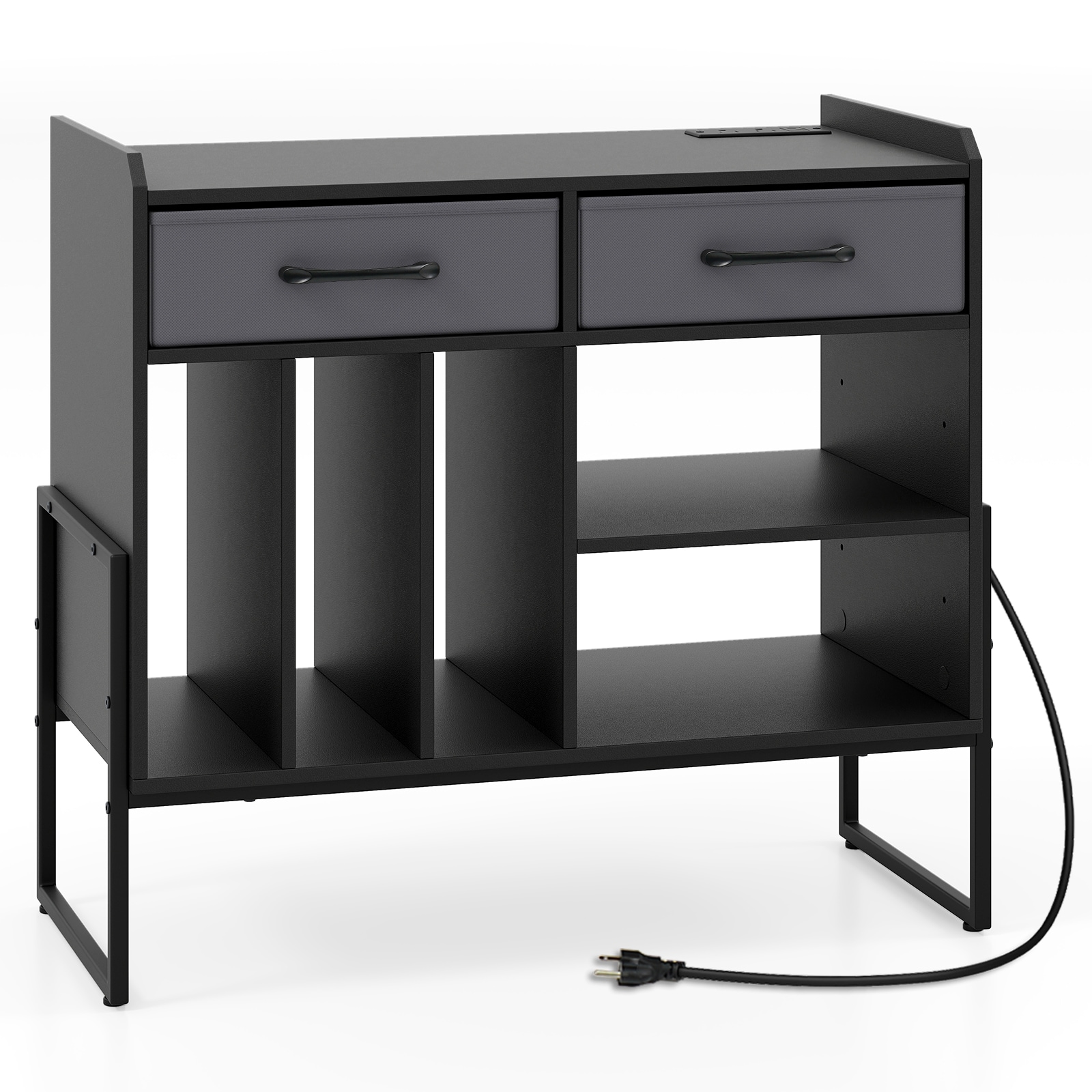 SUGIFT Large Record Player Stand with Charging Station Mid Century Vinyl Record Storage Cabinet with Drawers Black