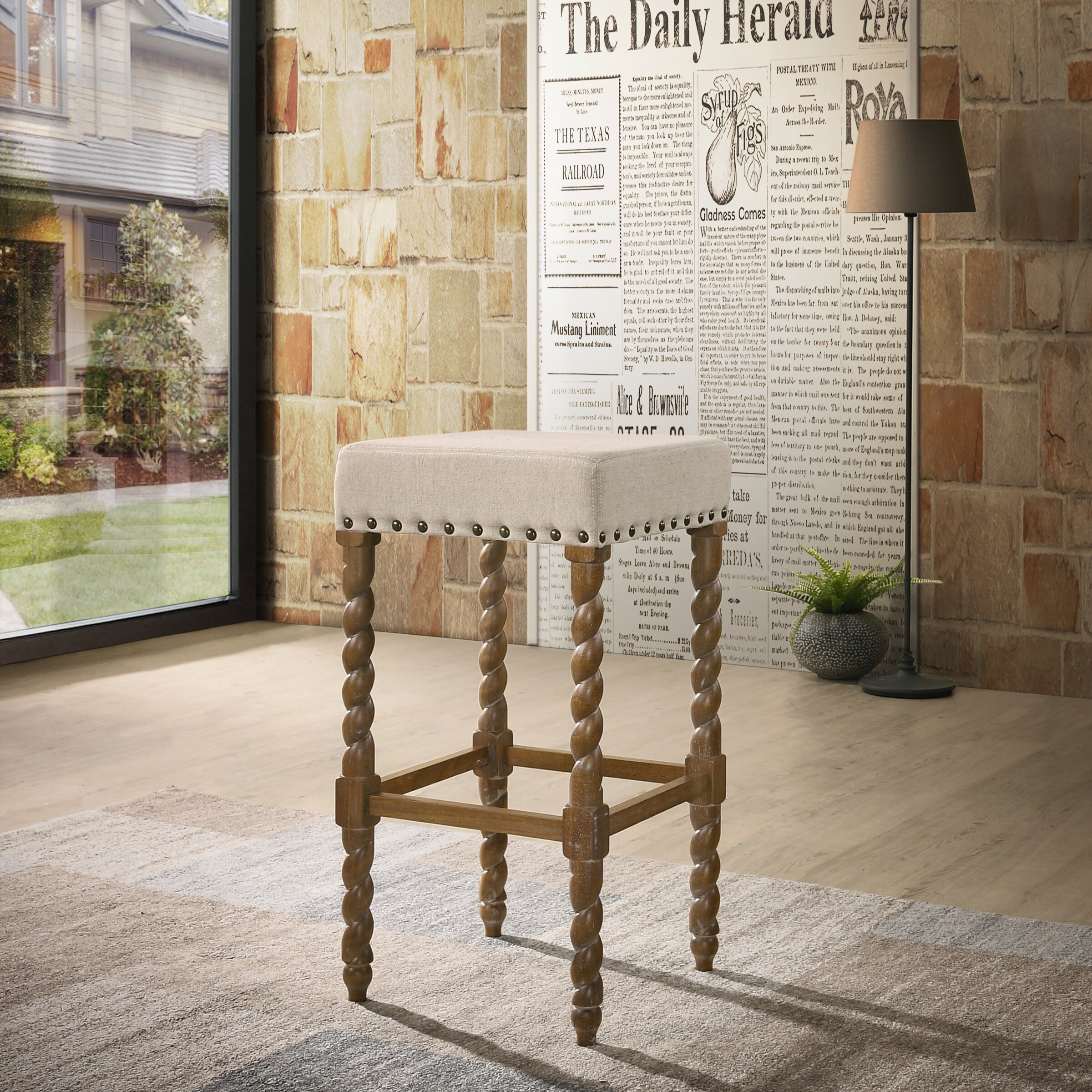 Remick Natural Oak & Linen 30" Rustic Bar Stool with Brass Nailhead Trim