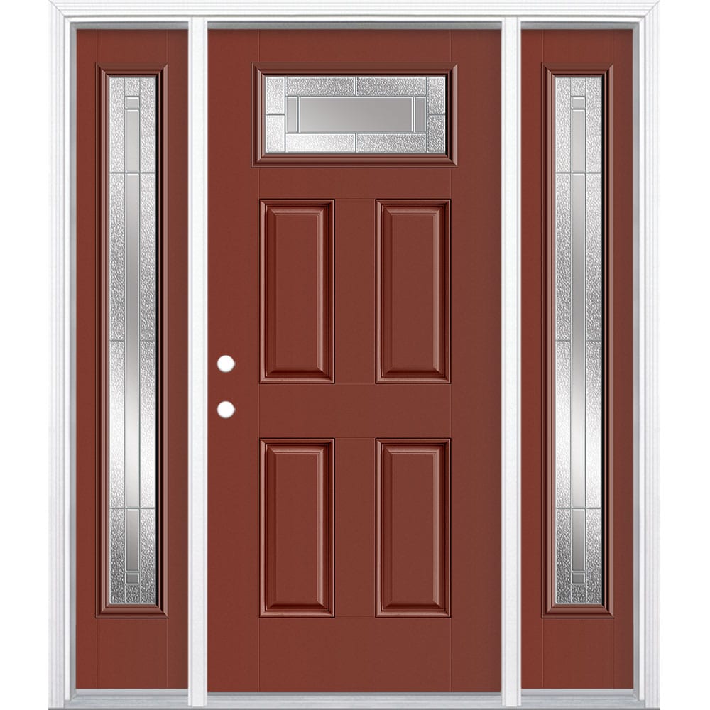 Masonite 3420050 Focus 64-in x 80-in x 4-9/16-in Fiberglass 1/4 lite Right-hand inswing Foxtail Painted Prehung Front Door with Sidelights with Brickmould Insulating core
